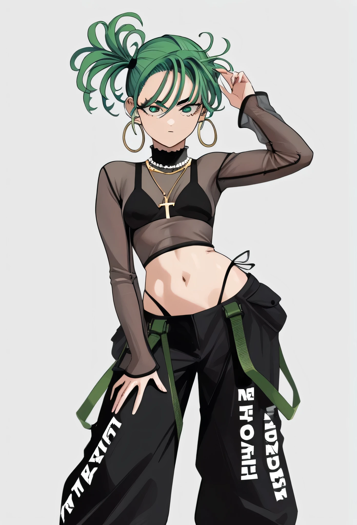 tatsumaki,green hair,curly hair,green eyes short hair,medium breast ,Side Ponytail, black bra, long sleeves, mesh crop top, baggy pants,black pants,
highleg panties , earrings,hoop earrings,cross necklace,jewelry,poese.medium breasts
High Resolution, Masterpiece, High Quality, 