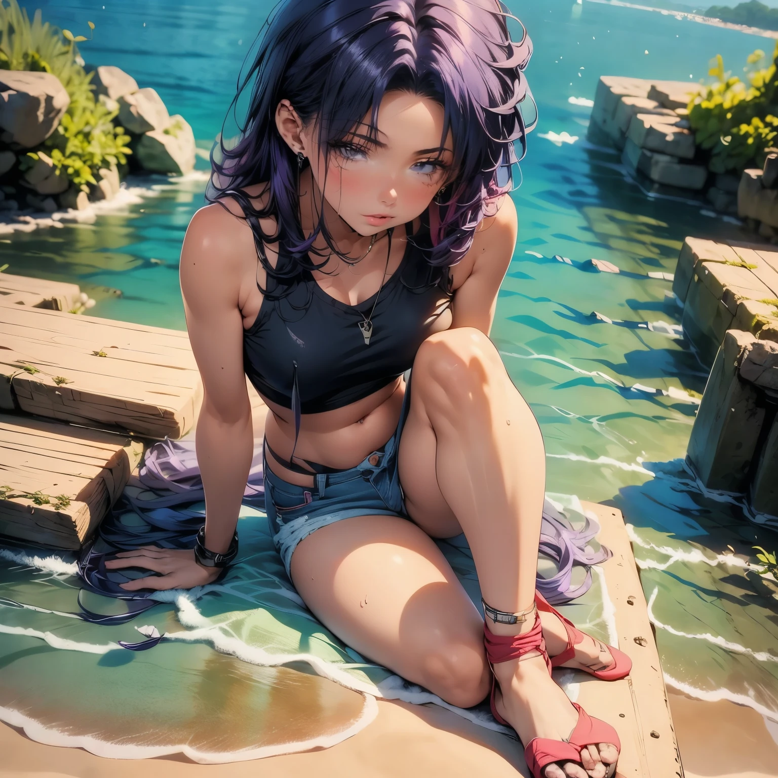 (masterpiece), best quality, 1girl, expressive eyes, perfect face, (purple hair), perfect anatomy, full body, 4k, HDR, full HD, masterpiece, 1 girl, (purple hair), perfect anatomy, full body , a thin crop top, red crop top, worn jean shorts, triangular earrings, red lips, loose hair, sitting on the sand at the seashore, her body is wet,