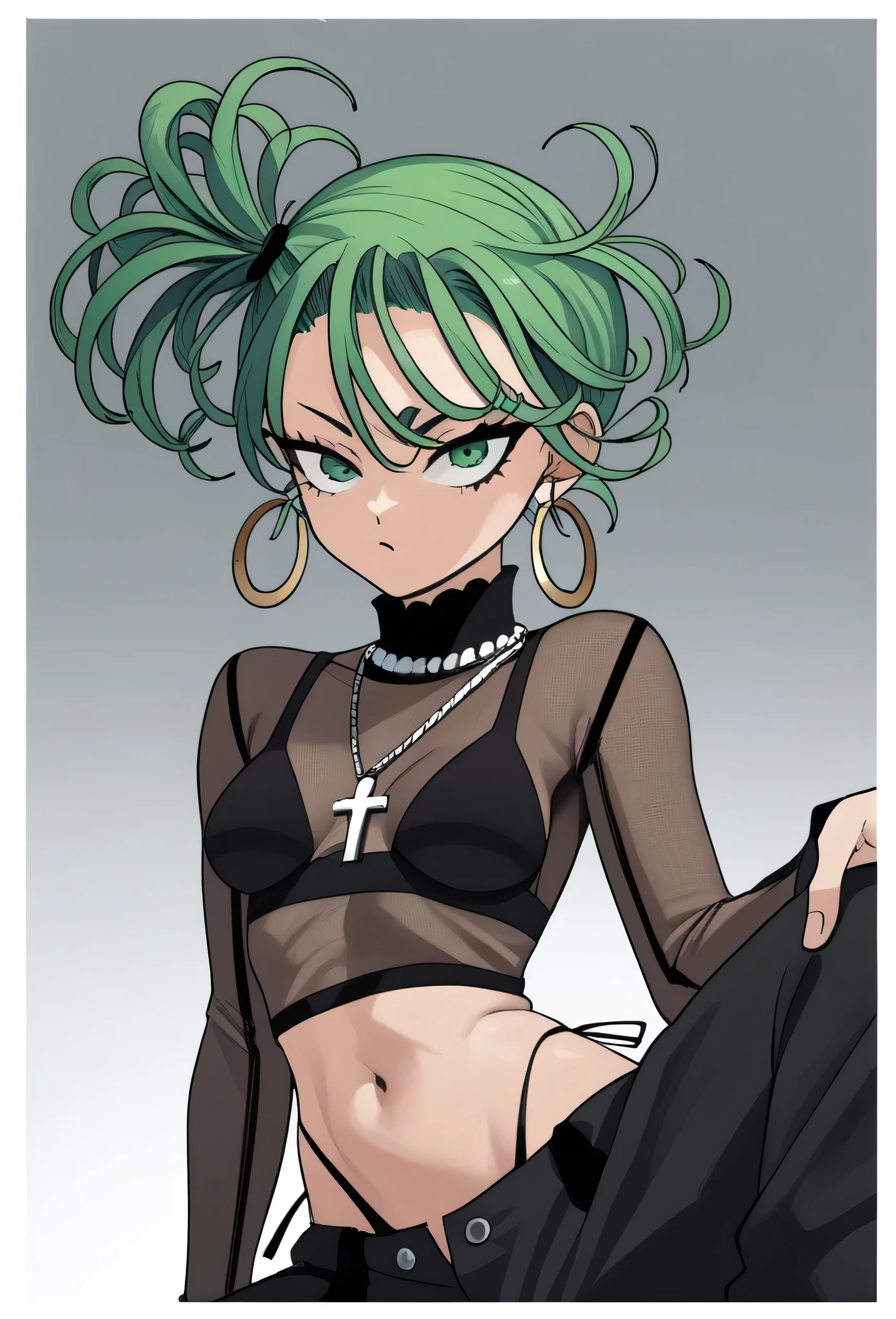 tatsumaki,green hair,curly hair,green eyes short hair,medium breast ,Side Ponytail, black bra, long sleeves, mesh crop top, baggy pants,black pants,
highleg panties , earrings,hoop earrings,cross necklace,jewelry,poese.medium breasts
High Resolution, Masterpiece, High Quality,