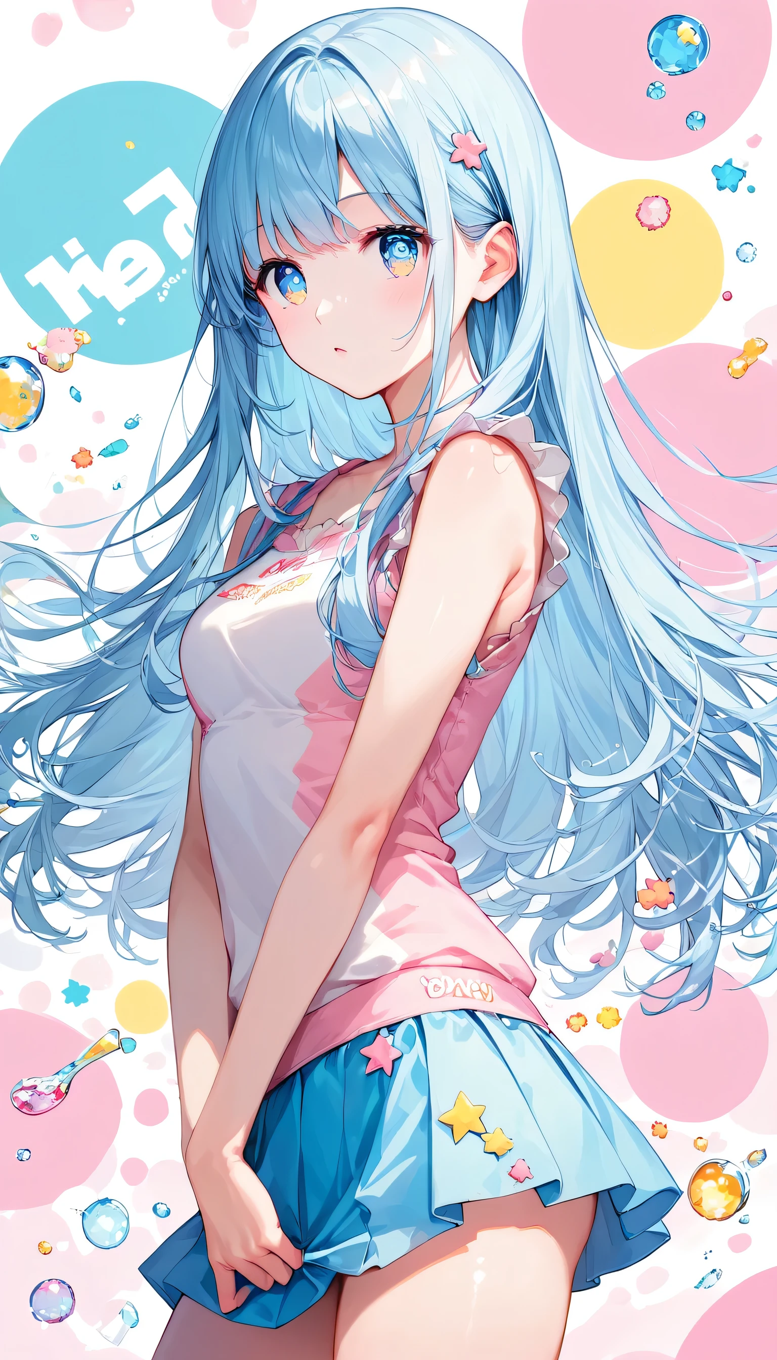 Score_9, Score_8_superior, Score_7_superior,sauce_anime, High-resolution images,masterpiece,Best Quality,girl,Cute face,Beautiful Skin,Shiny Hair,Highly detailed eyes,Pastel color background, Jojipan, mini skirt,Long Hair,Light pastel blue hair,