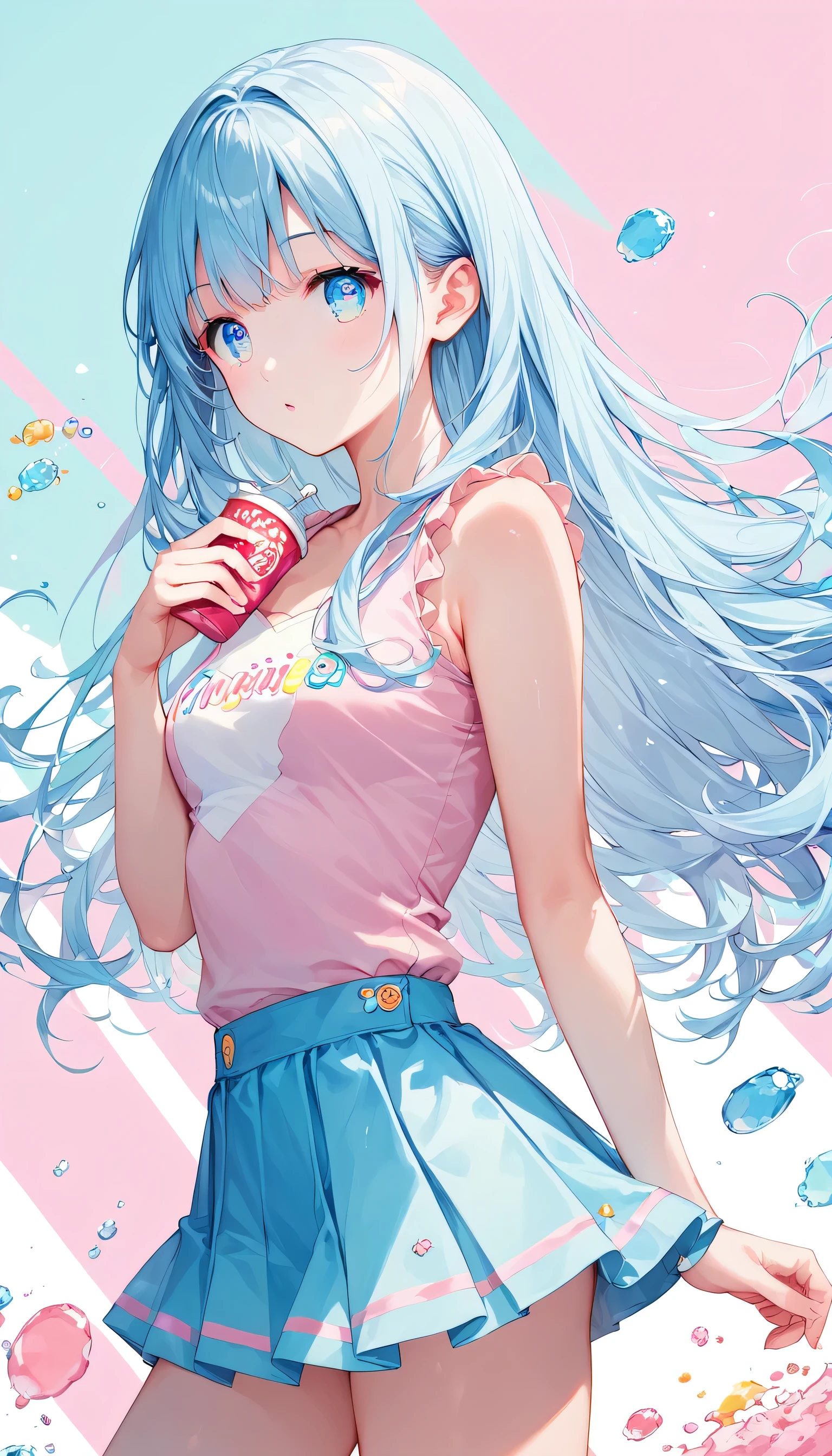 Score_9, Score_8_superior, Score_7_superior,sauce_anime, High-resolution images,masterpiece,Best Quality,girl,Cute face,Beautiful Skin,Shiny Hair,Highly detailed eyes,Pastel color background, Jojipan, mini skirt,Long Hair,Light pastel blue hair,