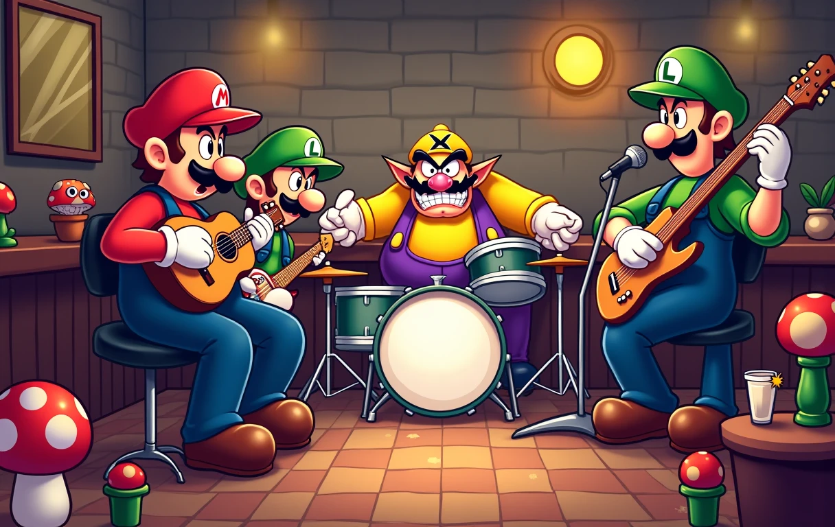 Mario Bross characters playing in a musical rockers