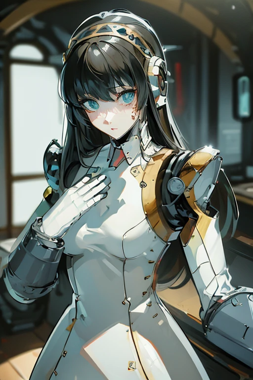 (masterpiece),(Highest quality),(Super detailed),(Best illustrations),(Best Shadow),(Absurd),(Detailed Background),(so beautiful), 16K, 8K, 4K,(Best Shadow),robotization,woman ,big bust,Robot Joint ,Metal skin,Black robot Suit,long hair,a black robot suit that covers the whole body,robot hand,cyber bodysuit,mecha head,(Detailed hands and fingers:1.2),Ball joint robot body,doll joint,beautiful face,beautiful robot girl,robotic eye,robotic hands,(no more human skin),android girl,cyborg girl,F cup, sexy body,(machine made joints:1.2),(machanical limbs:1.1),(blood vessels connected to tubes),(mechanical vertebra attaching to back),(mechanical cervial attaching to neck),aegis(persona3),no messy picture style