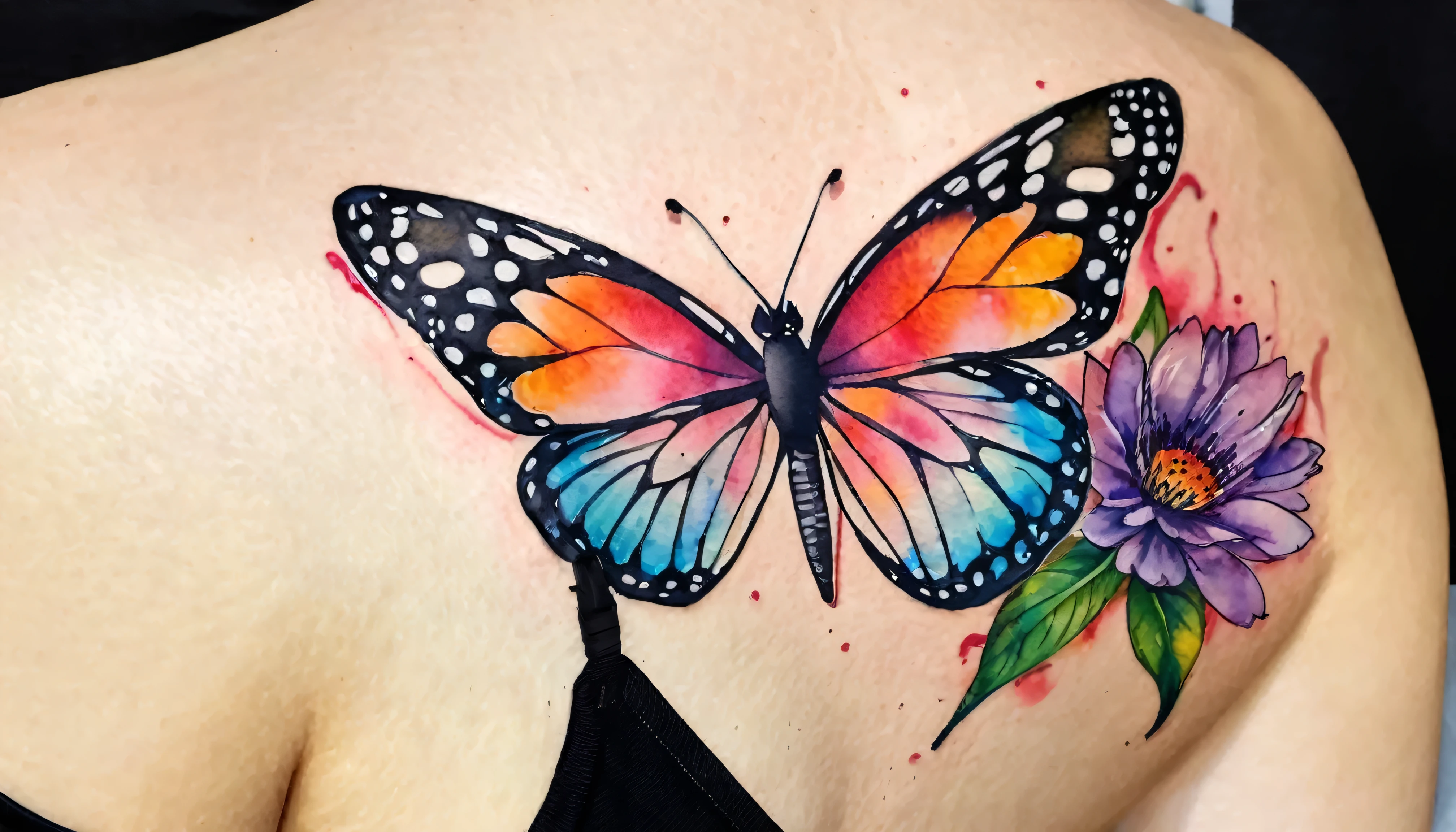 (big tattoo on sexy girl's back), create a captivating tattoo design for a girl's back featuring a breathtakingly beautiful butterfly and an array of enchanting flowers, picture a large butterfly gracefully spanning across the width of her back, its wings adorned with vibrant colors that symbolize joy freedom and transformation, as the butterfly takes center stage let it be surrounded by an intricate bouquet of flowers representing the blooming of her journey and the beauty of nature's cycles