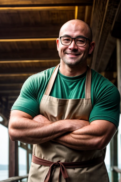 An award-winning original photo, A musclebear man, Japanese man, ((fisherman)), (30 years old daddy: 1.1), 1 man, Solo, white headband, (brown apron), green t shirt, broad shoulders, strong physique, bald, hairy arms, chubby and stout, stubbles (Detailed body), realistic eyes, (glasses), smiling, looking at viewer, lighting (Best quality, high resolution, Photorealistic), Cinematic lighting, Masterpiece, RAW photo, Intricate details, hdr, depth of field, upper body and face shot (realistic: 1.4), (from the front), pier in the background, daylight