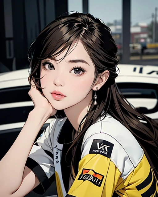 Create an RPG-style scene where a beautiful young brown-eyed Japanese young woman is having a photoshoot while riding a F1 racing car.
Wearing a racing suit。Buckshot。Strong winds。smile

dynamic angle,strong wind
,Having a meeting with a mechanical designer next to an F1 car、anime style, super fine illustration, highly detailed, dynamic angle,strong wind, beautiful detailed, 8k, In the circuit pit, tense with race anticipation,  
BREAK
 a young female F1 driver in a racing suit is discussing with a mechanic in circuit pit, her expression serious. BREAK An F1 car is parked in the pit, adding to the atmosphere of the upcoming race.
He has a helmet in his hand、Wearing racing shoes、He is wearing a black racing jumpsuit with red and yellow accents.、Pure Eros Face, Alone, (((masterpiece, Best Quality: 1.3))), (Absurd: 1.3), (((highquality anime art style:0.1))), (Detailed skin: 0.5, Detailed face: 1.3), Standing sideways, Beautiful Face, beautiful_eye, 詳細なeyeの描写, Sharp focus, Delicate, (cute_girl:1.9), Curvy, (Small breasts: 1.2, Thick thighs: 0.75 ), (Lackluster skin), (plump lips:0.9),Mouth slightly open, (down angle eyebrows:0.5),(タレeye:2.1),Long hair tied up, (big_eye:1.2, dark gray_eye),  pink_lips,