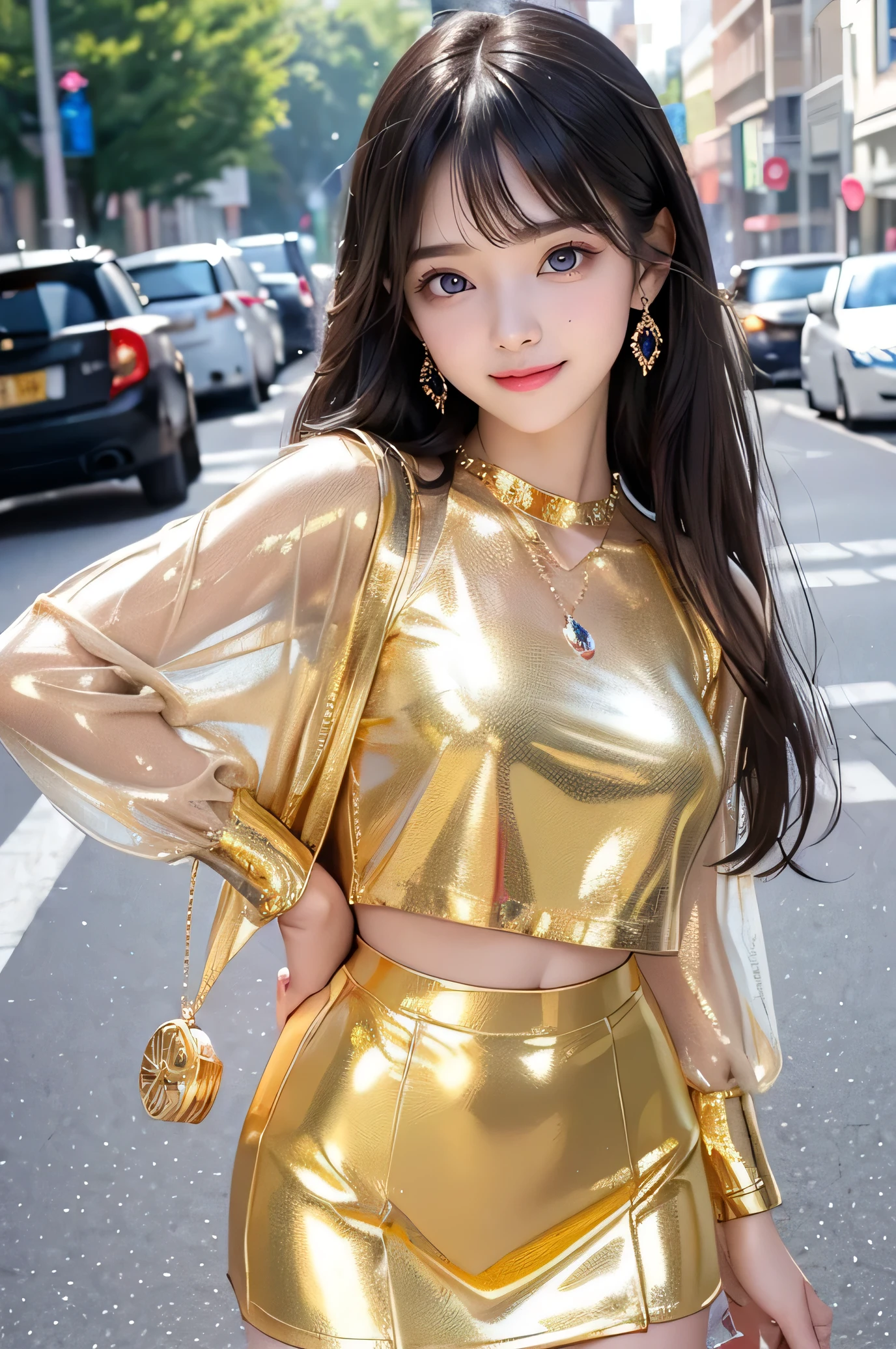 (Very beautiful cute girl), (very cute face:1.2),, (baby arking crystal clear attractive large eyes:1.2), Beautiful detailed eyes, Detailed double eyelids, (smiling), (realistic photograph:1.1), long straight hair,professional portrait,long see-through bangs, (Super Shiny metallic gold Tight mini Skirt:1.1), (Super shiny Metallic gold fashionable summer tops:1.2),in the street