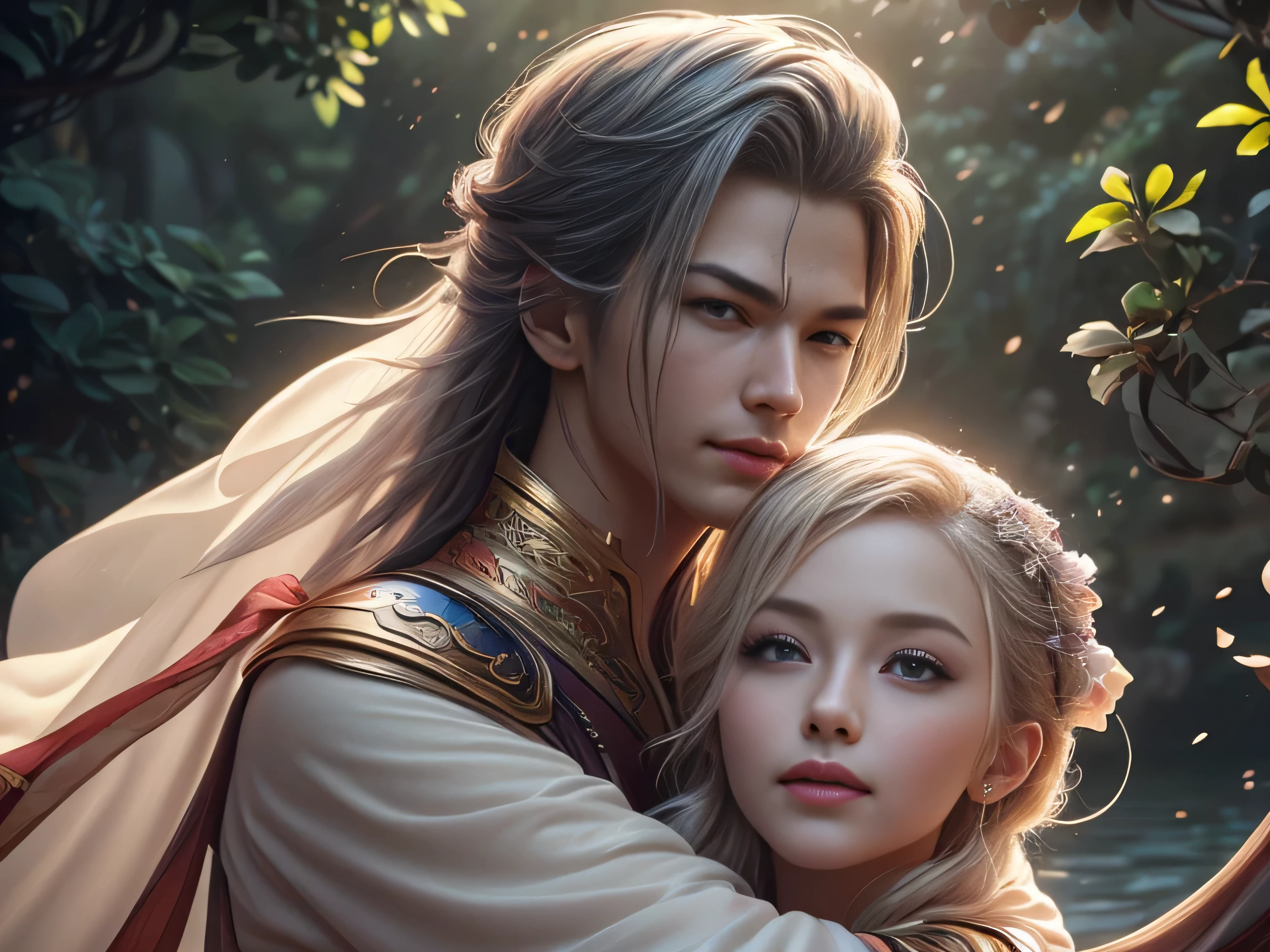 (Best Quality, Super Detail, Masterpiece, Representative Work, Official Art, Professional, Super Fine Detail, 8k:1.3), (photorealism:1.2), (Couple, Beautiful Girl and Boy), A couple in the sea of flowers, Handsome guy hugs beautiful girl from behind, Smiling and Wearing White Clothes, Delicate Hair, Chinese Beauty and Handsome Man, Wearing Ancient Chinese Clothes, Flowing Tulle, Light Silk, Create a movie poster similar to those used in Chinese romantic fantasy dramas, Correct proportions, Perfect face, perfect hands, Sweet atmosphere, Photorealistic, Sharp Focus, Dreamy Atmosphere, Delicate Details, Soft Volumetric Light, (Backlight:1.3), (Cinematic:1.2), Intricate Details, (ArtStation:1.3)