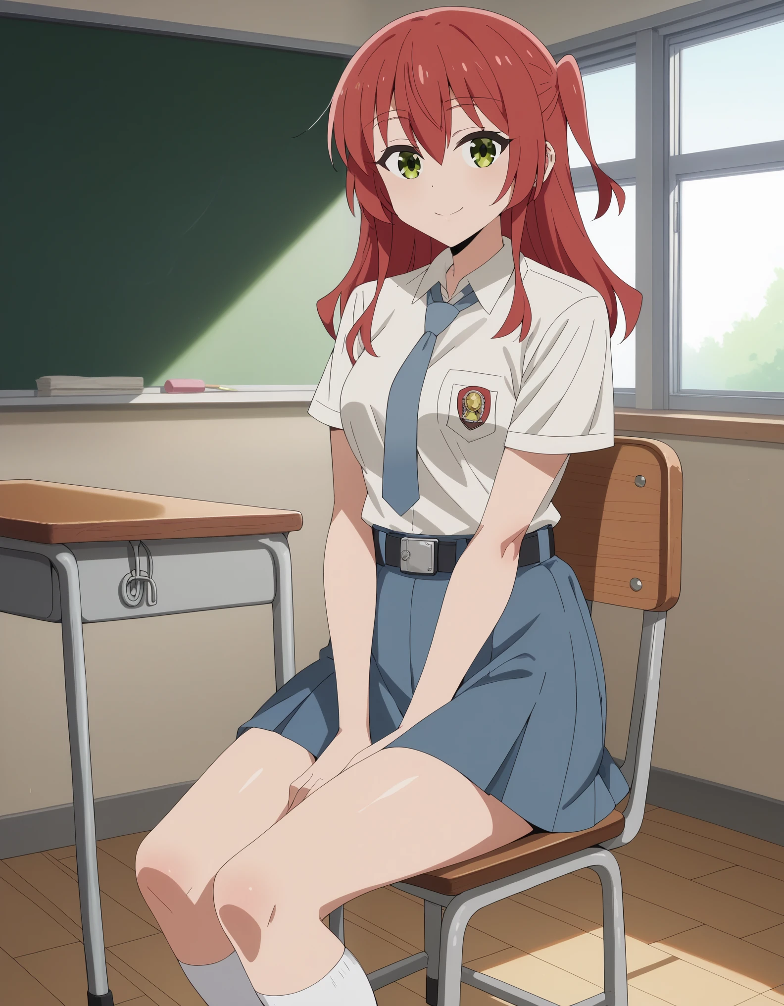 score_9, score_8_up, score_7_up, solo,1girl,ikuyo kita, green eyes, hair between eyes, long hair, one side up, red hair,, medium breasts, tucked in sma shirt, sma necktie, sma belt, sma skirt, sma shirt, sma skirt, inside classroom, windows, chair, tables thighs, looking at viewer, smile, sunligth, sit on chair, socks, hands between thighs, anime screencrap, dutch shot