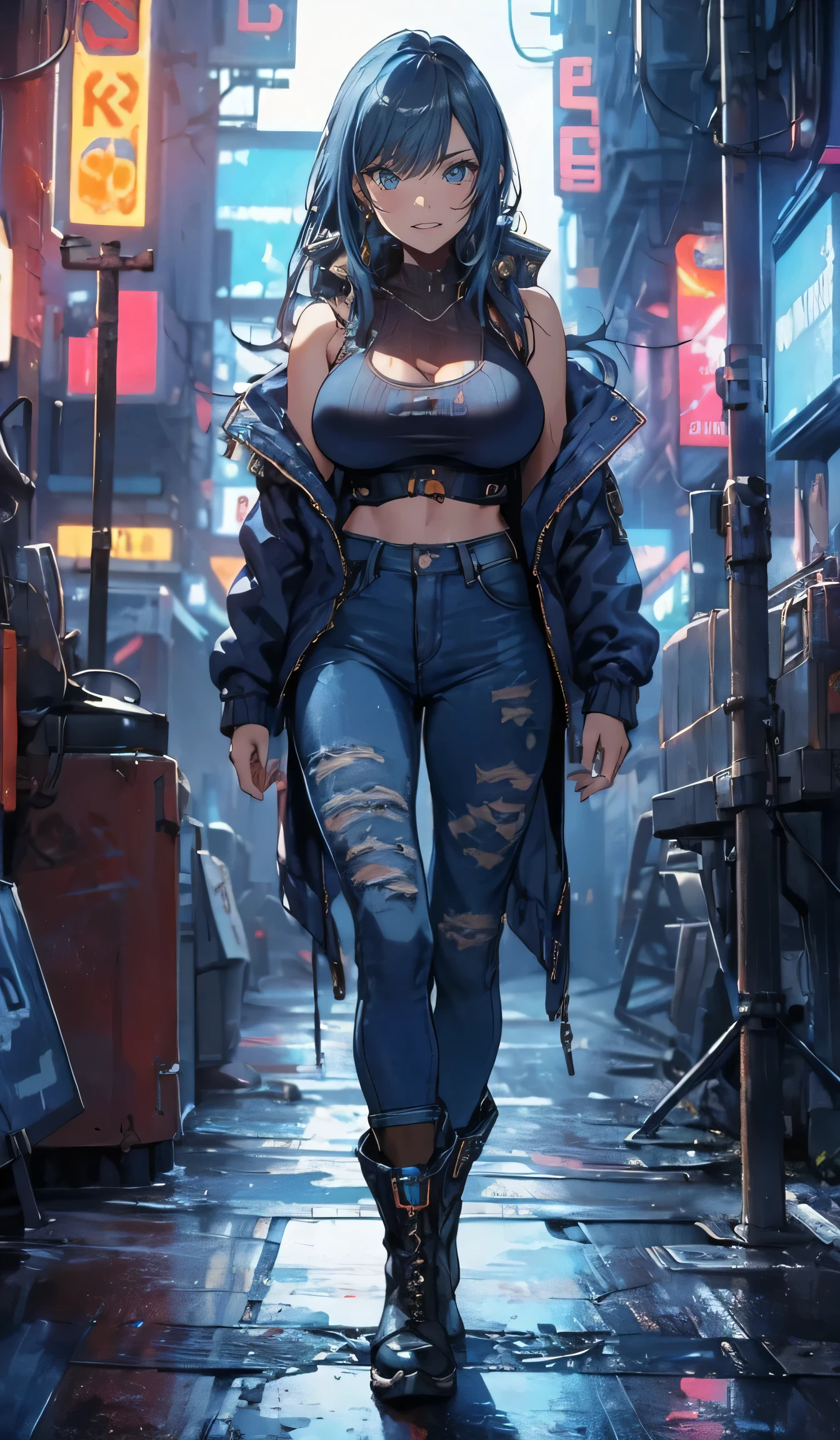 ((Big Breasts,cyberpunk,Navy blue jacket,Tank tops)),beautiful, masterpiece, Best Quality,Beauty, Look at the viewers,smile,boots,Smiling,Facing forward,neon lights,Denim pants