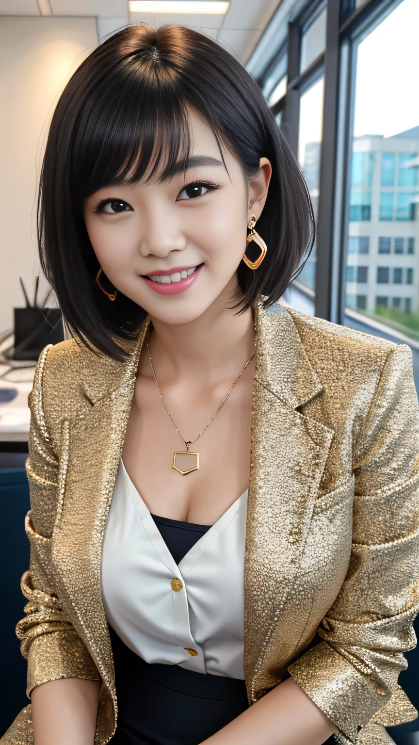 RAW Photo High Resolution, Very detailed, Intricate details, 、ear piercing、、Short Hair、Black Hair、Office Lady Suits 、smile、jacket、shirt、Heavy makeup、Necklace on neck、, The background is the office