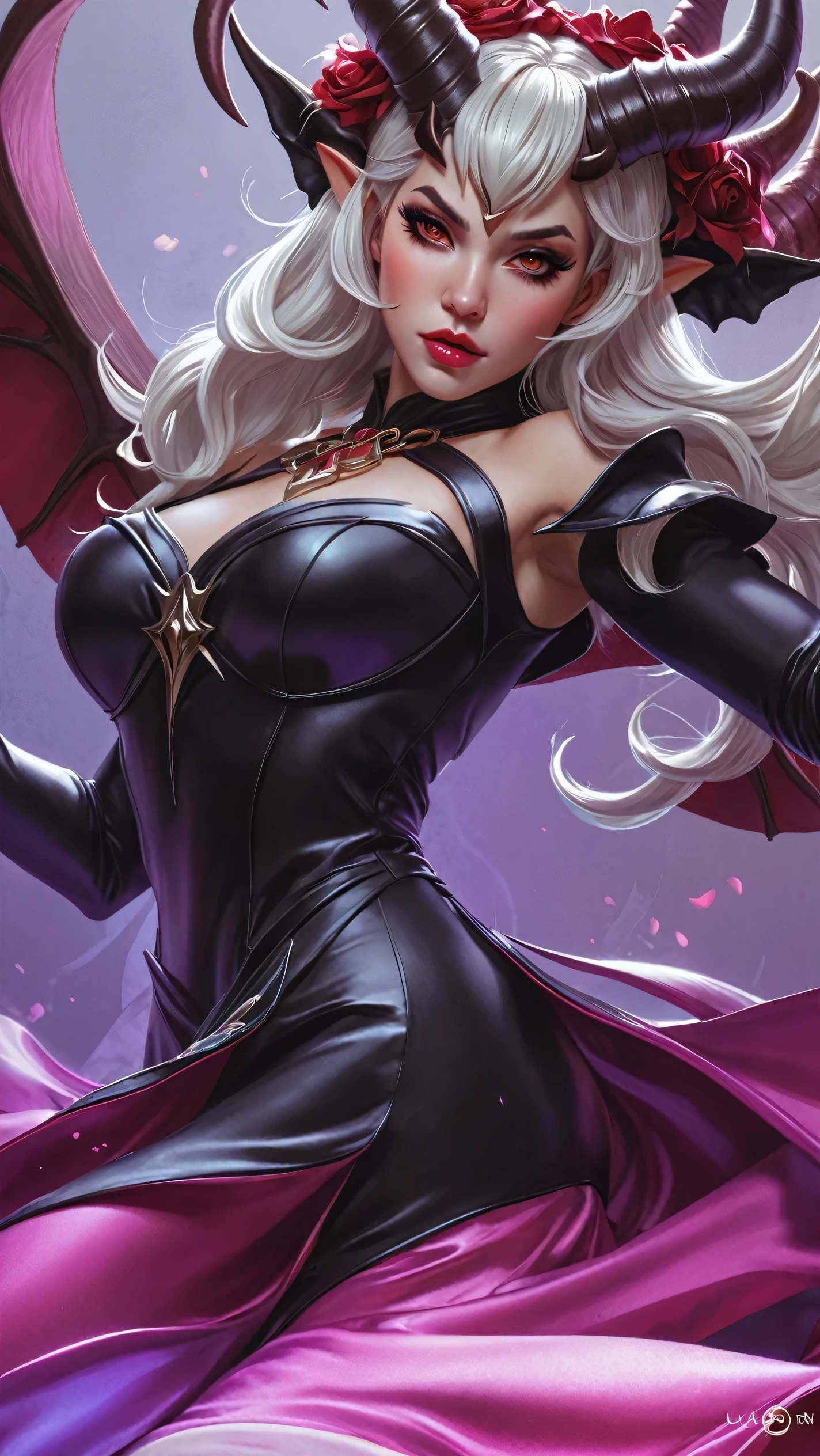 a close up of a woman with horns and a dress, extremely detailed artgerm, style artgerm, ig model | artgerm, ! dream artgerm, official splash art, artgerm detailed, artgerm style, artgerm lau, iconic character splash art, artgerm. high detail, splash art, style of artgerm, succubus,