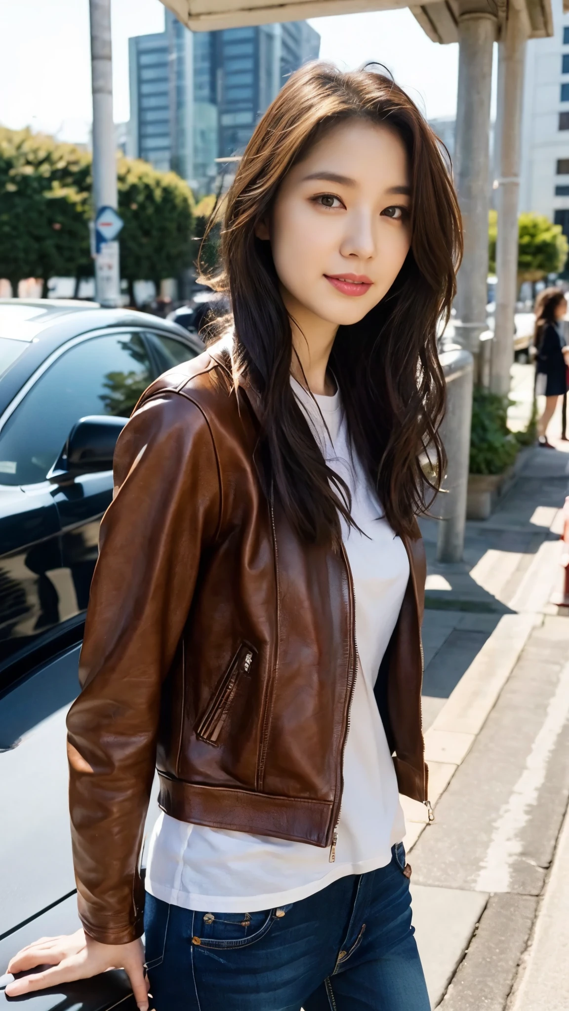 (RAW Photos)、(High image quality、high quality、masterpiece、8k、detailed:1.2)、Realistic photos of beautiful Japanese people、Slim figure、(Medium Hair、Straight Hair、Brown Hair、Delicate hair)、((Wearing a brown leather jacket))、((Navy jeans))、She poses for the camera、Lively expressions、Happy expression、Bright lighting、Outdoor、At a highway parking area、Highway Oasis、Many cars are parked、whole body、Natural color lip、light makeup、Perfect proportions、Portrait、Photorealistic、(Well-formed face、cute)、Facing forward