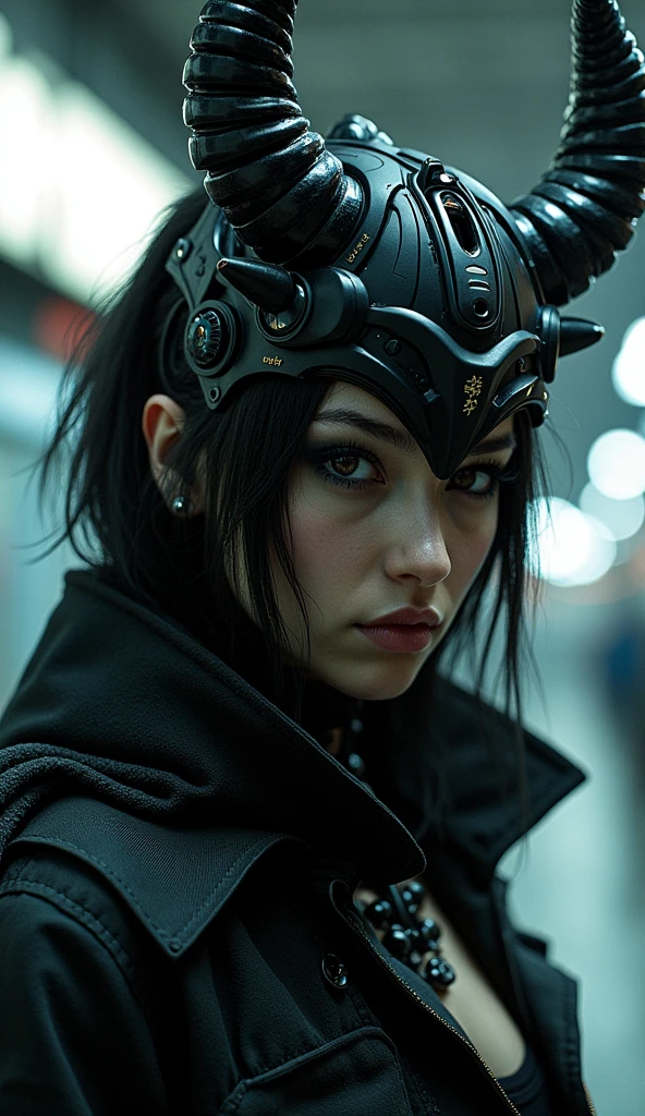 A female, (cyberpunk:1.2), cinematic film still, lights, ????, modern, , (sleek), Cybernetic, Luis Royo , (ross tran, Alphonse Mucha's, Erwin Blumenfeld), Albert Watson