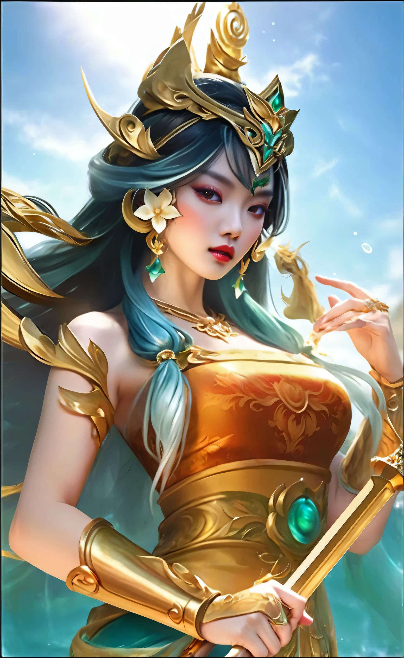 a woman in a golden dress holding a sword and wearing a crown, queen of the sea mu yanling, inspired by Lan Ying, inspired by Pu Hua, a beautiful fantasy empress, inspired by Ju Lian, yun ling, portrait of modern darna, inspired by Li Tang, inspired by Du Qiong, bian lian, goddess of beauty, inspired by Luo Mu