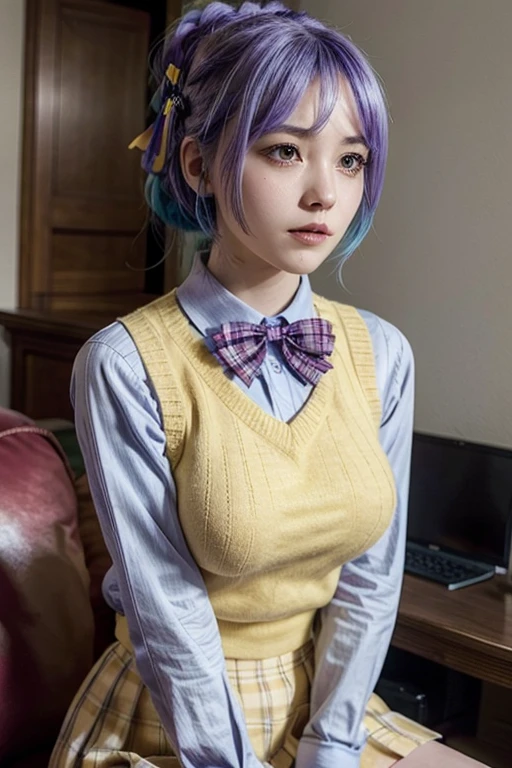 kurumu, purple eyes, blue hair, short hair, ponytail, yellow sweater vest, white shirt,green plaid skirt, red bow, necktie, purple headdress, star \(symbol\), purple hair ribbon