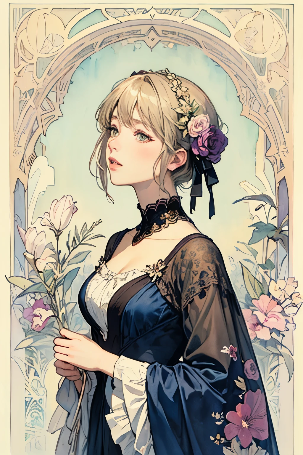 ((masterpiece)), (Best Quality), (cinematic),  Art Nouveau watercolor , Floral_background, Intricate designs and patterns in the style of Alphonse Mucha，Violet Evergarden，