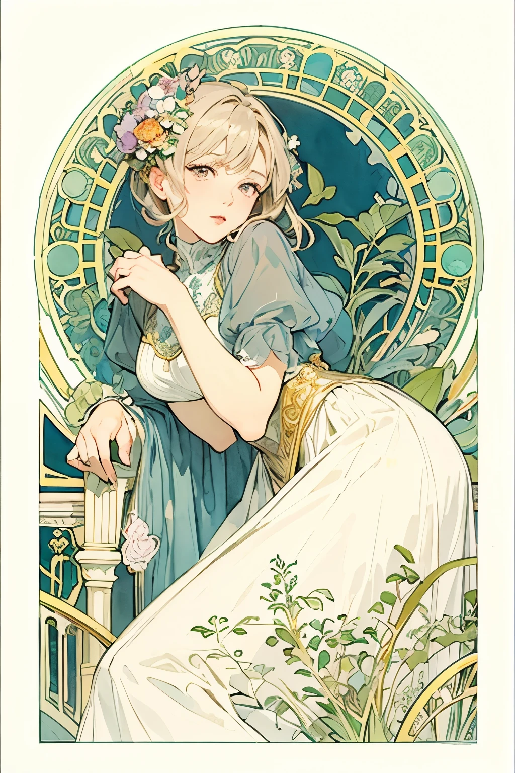 ((masterpiece)), (Best Quality), (cinematic),  Art Nouveau watercolor , Floral_background, Intricate designs and patterns in the style of Alphonse Mucha，Violet Evergarden，