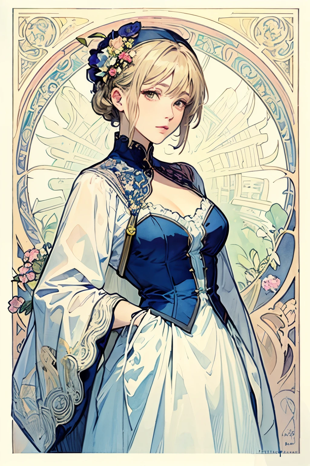((masterpiece)), (Best Quality), (cinematic), Art Nouveau watercolor , Floral_background, Intricate designs and patterns in the style of Alphonse Mucha,Violet Evergarden,