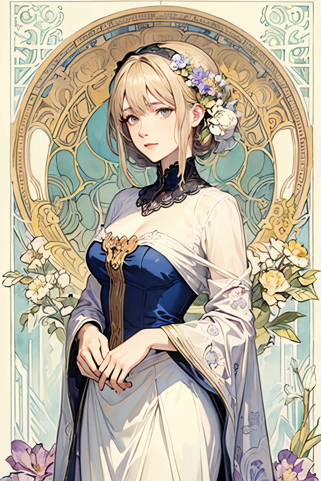 ((masterpiece)), (Best Quality), (cinematic),  Art Nouveau watercolor , Floral_background, Intricate designs and patterns in the style of Alphonse Mucha，Violet Evergarden，