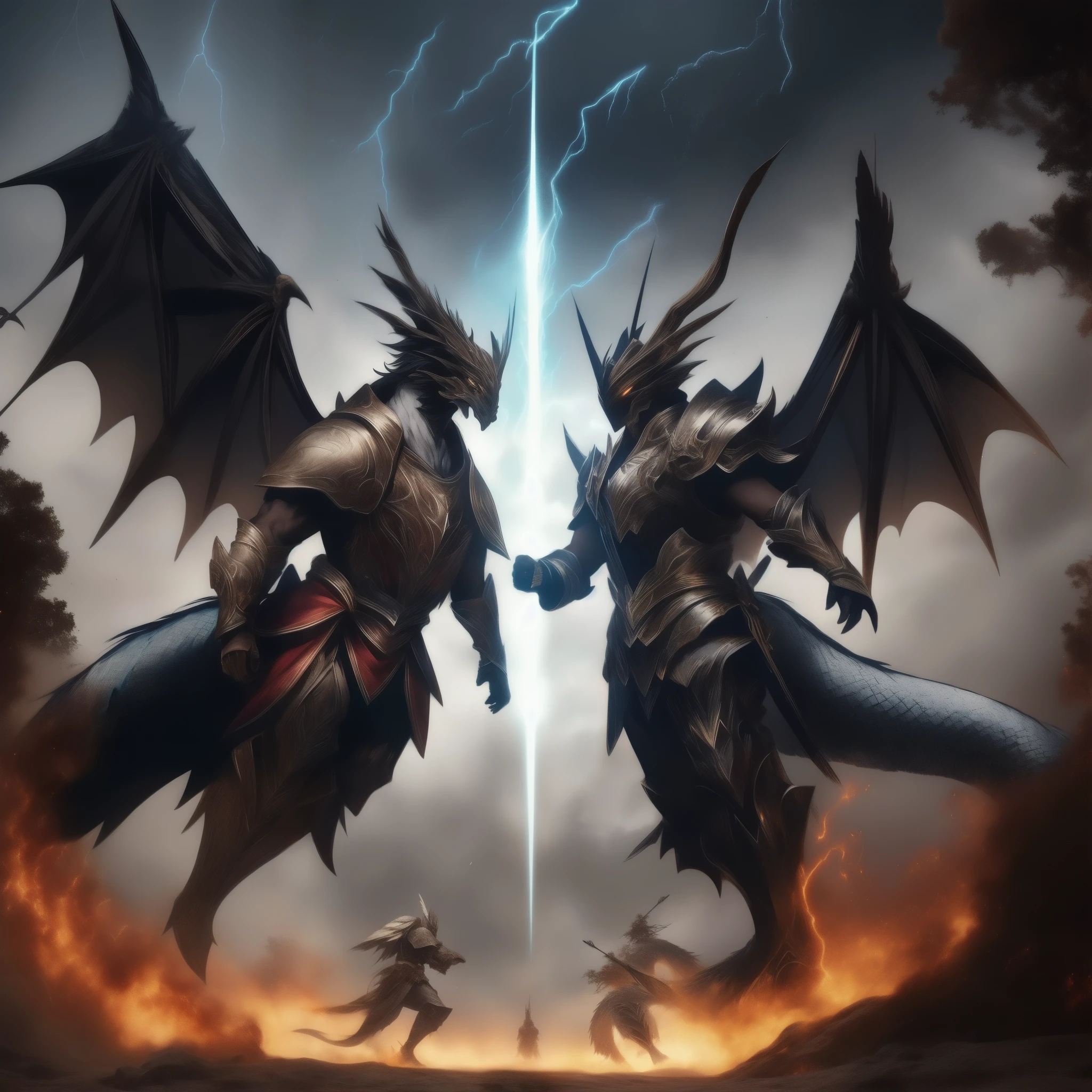 /image type=(imaginative) , /person=(Magical Warriors e guerreiras) , /scenary=(epic battle scene: battlefield, ruined castle, night sky) , /camera angle=(Dynamic view: aerial view, side view, angle of action) , /Camera lens=(wide-angle lens/telephoto lens) , /render quality=(High resolution (4K+))

Description: Uma batalha épica fantástica ocorre em um battlefield iluminado pela lua cheia e estrelas brilhantes. Magical Warriors, vestindo armaduras de aço polido com runas mágicas que emitem light azulada ou vermelha, and neon elements, lutam valentemente contra Winged Dragons, minotauros, harpies, stone golems, centaurs, cyclopes and basilisks. Armors include capes, helmets and magical jewelry; the weapons are magical swords with blades that glow with elemental spells (fire, whether, light) e arcos mágicos com flechas que deixam trilhas de light. The scenery includes ruined buildings, burned and charred trees, craters in the ground, flowing lava rivers, earthquakes and tremors, and magical storms with lightning and thunder. the lighting is dramatic, com lightes de feitiços, Laser beams, lightes neon das armaduras e armas, e faíscas e chamas dançando pelo battlefield. Warriors perform rapid movements and acrobatic jumps, dodging attacks and counterattacking with precision, as the creatures move with agility and strength. The image must capture the intensity and adrenaline of the confrontation, with fine texture details and advanced lighting effects. Include facial expressions of the warriors, showing determination, courage and sometimes fear, and interactions between the different creatures, showing alliances or rivalries. Use weights to emphasize important details, As `(Winged Dragons:1.5)`, `(magic armor:1.3)`, and avoid unwanted elements with negative prompts, As `(bad hands, bad anatomy, bad body:1.3)`.