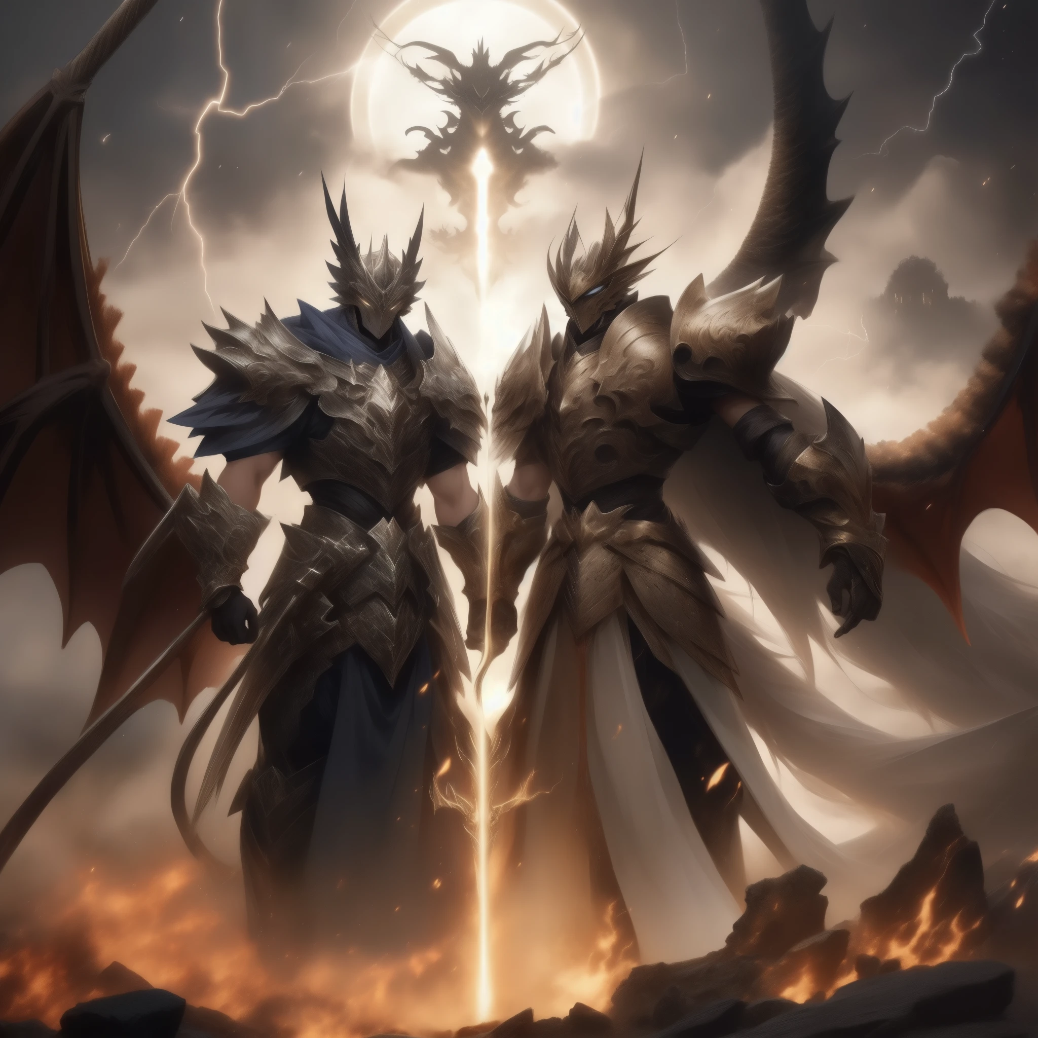 /image type=(imaginative) , /person=(Magical Warriors e guerreiras) , /scenary=(epic battle scene: battlefield, ruined castle, night sky) , /camera angle=(Dynamic view: aerial view, side view, angle of action) , /Camera lens=(wide-angle lens/telephoto lens) , /render quality=(High resolution (4K+))
Description: Uma batalha épica fantástica ocorre em um battlefield iluminado pela lua cheia e estrelas brilhantes. Magical Warriors, vestindo armaduras de aço polido com runas mágicas que emitem light azulada ou vermelha, and neon elements, lutam valentemente contra Winged Dragons, minotauros, harpies, stone golems, centaurs, cyclopes and basilisks. Armors include capes, helmets and magical jewelry; the weapons are magical swords with blades that glow with elemental spells (fire, whether, light) e arcos mágicos com flechas que deixam trilhas de light. The scenery includes ruined buildings, burned and charred trees, craters in the ground, flowing lava rivers, earthquakes and tremors, and magical storms with lightning and thunder. the lighting is dramatic, com lightes de feitiços, Laser beams, lightes neon das armaduras e armas, e faíscas e chamas dançando pelo battlefield. Warriors perform rapid movements and acrobatic jumps, dodging attacks and counterattacking with precision, as the creatures move with agility and strength. The image must capture the intensity and adrenaline of the confrontation, with fine texture details and advanced lighting effects. Include facial expressions of the warriors, showing determination, courage and sometimes fear, and interactions between the different creatures, showing alliances or rivalries. Use weights to emphasize important details, As `(Winged Dragons:1.5)`, `(magic armor:1.3)`, and avoid unwanted elements with negative prompts, As `(bad hands, bad anatomy, bad body:1.3)`.