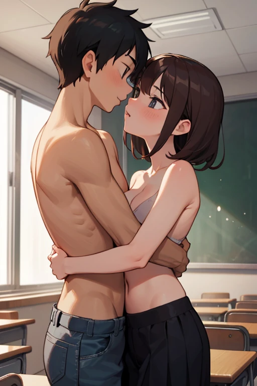 shinkai makoto, kimi no na wa., couple (1girl, Brown eyes, worried eyes, black hair, waterfall braid, red ribbon, long hair, nude, medium breast, pink nipples, nipples, arms up, hands behind head's back), face to face, passionate hug, boy lick girl chest, boy suck girl's chest, boy sucking girl's chest, boy suck and licking girl's chest,(1boy, buzzcut, muscular,open mouth, naked,) sit on bed,indoor, bed, bedroom, night,lamp