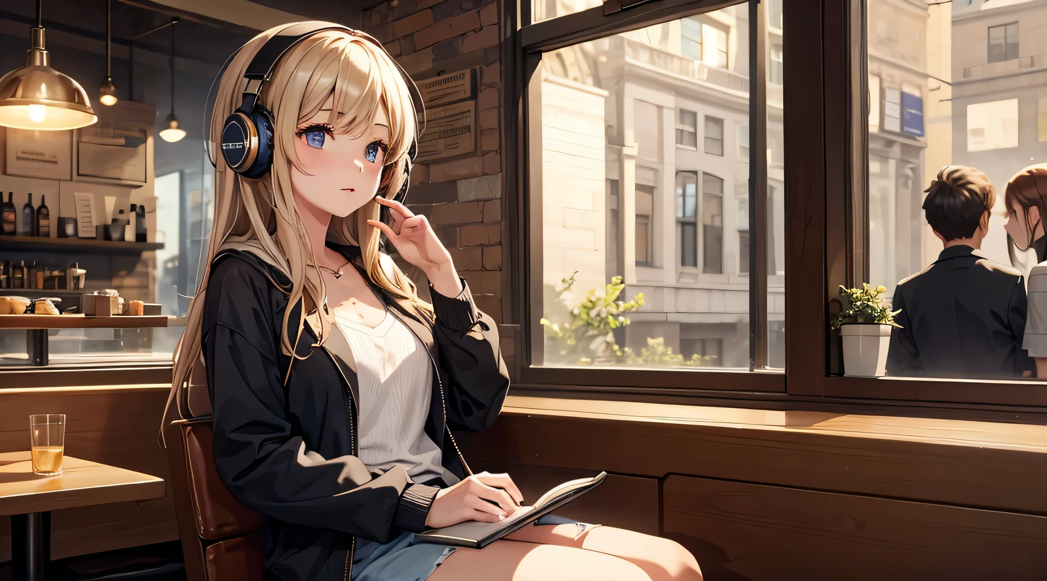 Girl with headphones enjoying music in a cafe I am studying Emphasize a little bit of the chest