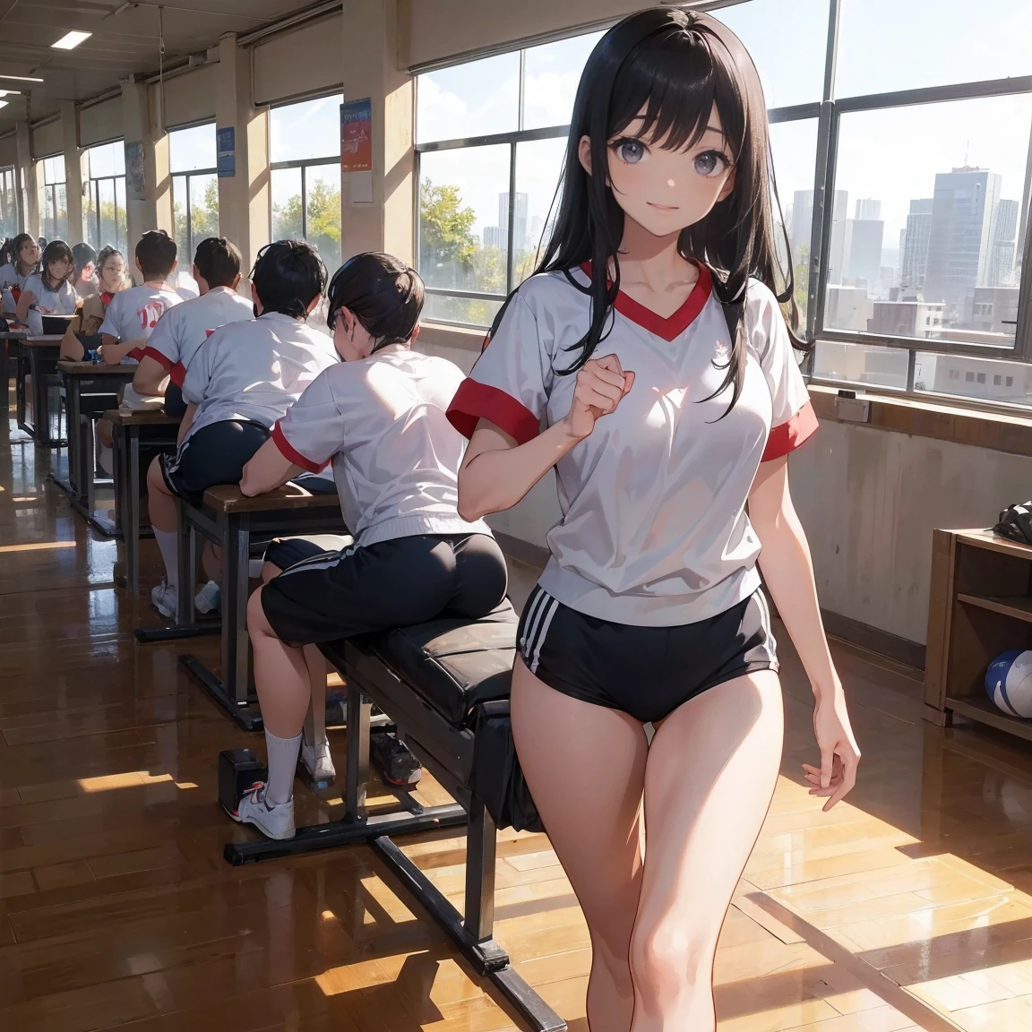 Tall、A black-haired high school girl、Excellent athletic abilityを持っている, Wearing a gym uniform, Holding a volleyball, Face it with confidence, Cheerful and smiling, Inside the gym at a large school, Surrounded by classmates, Bright sunlight coming through the window, Her attitude is strong、Excellent athletic ability, Her eyes are full of energy, In the background, They are making fun of her., She is unmoved, Anime Style, Bright and warm lighting, Detailed Gym Background, Dynamic composition, 8K quality, Very detailed,High leg bloomers