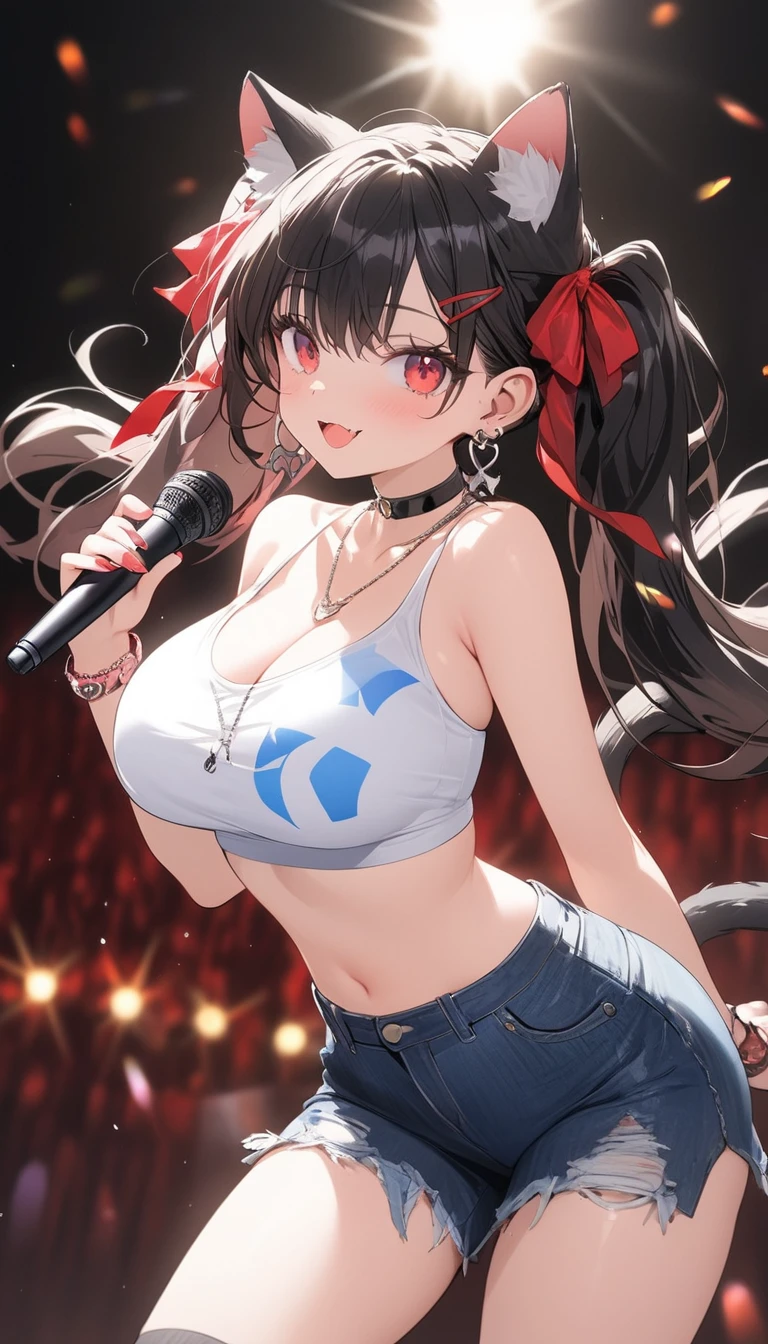 One girl,Alone,Cat ears and tail、sing、microphone、((Singing on stage))、Eyes on the audience、,black hair、（Red gradation on the tips of the hair）、twintails，Teenage Girls,Clear Eyes，(Red Eyes),Earrings、Hair clip、necklace、Crop top、Denim pants、Choker,Knee-high socks,Thighs,Beautiful legs、Big Breasts、Clear white skin、、masterpiece、best quality、high resolution、Very detailed、, Background of the live music venue、juvenile，Great graphics