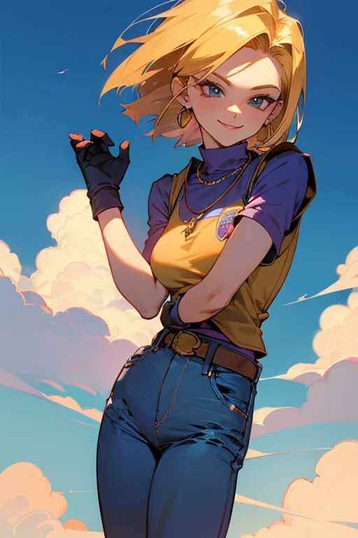 {best quality}, {very aesthetic}, Beautiful Android18DB portrait,side facing viewer,Beautiful Android18DB portrait,Solo,Earrings,Jewelry,Denim,Smiling,Belt,Vest,Clouds,Sky,Daytime,Pants,Outdoor,Gloves,Necklace,Jeans,ig breast ,standing,from behind,
,full body
