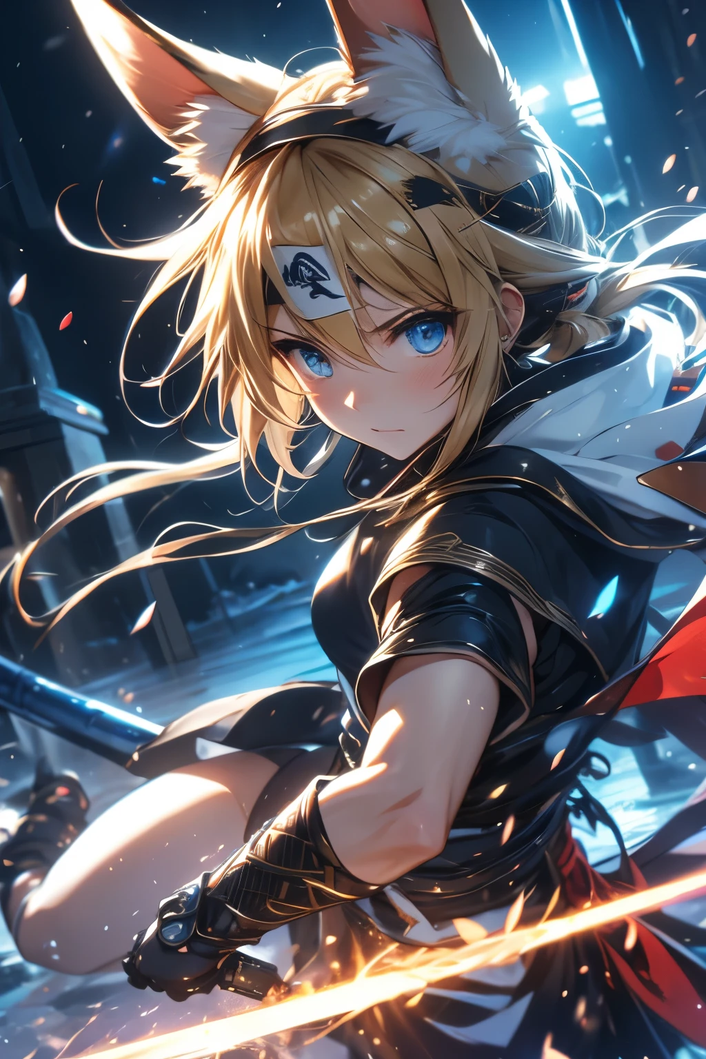 (((SFW、sound、Highest quality、first-clasasterpiece、Normal body、8k、Detailed face、Ultra-precision、Normal hand、Normal finger、5finger、Highest)))、Gokokuin Silica、Shinobi Silica、Light Silica、Super Subaru Wars、Blonde Hair、Long Hair、Mechanical rabbit headband、White high leg leotard、Ninja costume、Shinobi Haori、Hidden Staff