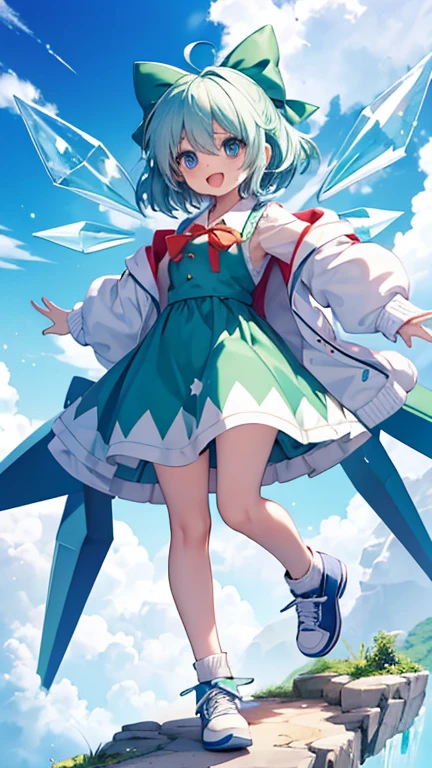 Chibi character characters, cirno,One girl, Alone, ice_wing, green_skirt, open_mouth, lOng_sleeve, , green_bow, white_socks, hair_bow, holteething_footeeth, circleteeth_9, hooteethie, , green_jacket, sneakers, Ahoge, teethetacheteeth_wing, banteethaiteeth_On_脚white_shoes, heart, Replace_Costume, star_\(symbol\), open_jacket, collareteeth_shirt, :teeth, フェアリーfrilleteeth_skirt star-shapeteeth_studentsymbol-shapeteeth_student. nice,Key vteethual, ((A work depicting Cirno being pointed at and laughed at by Touhou characters.)), Vibrant, stuteethio anime,awarteeth-winning, professiOnal, highly teethetaileteeth,high buteethget, CinemaScope,