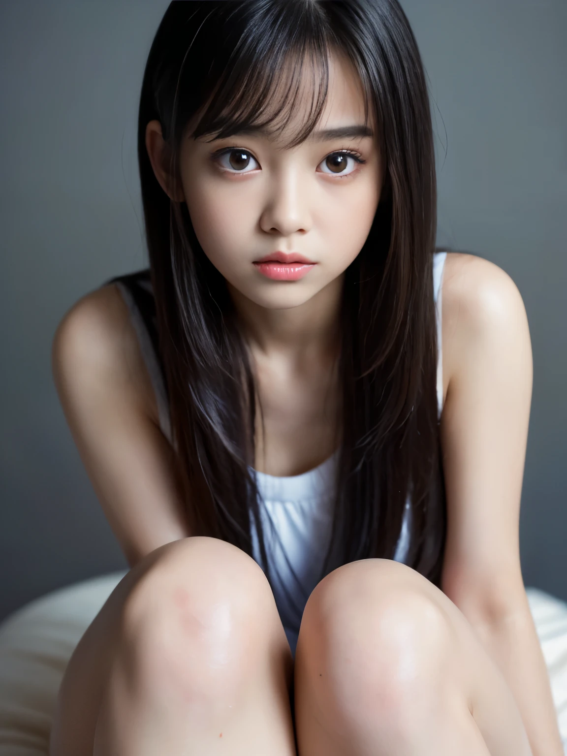 (masterpiece, highest quality:1.4), award-winning portraits, 8K, 85mm, alone, beautiful face, delicate girl, violaces, gardenia, grace, Sophisticated, cute, teen, looking at the viewer, ************, Raw photo, disorganized, HDR, sharp focus, background bokeh、(((flat 、thin and delicate body、A childish atmosphere、basement)))、Her shiny semi-long hair is tied up、swaying hair、Mole on the left cheek、large, round, dark blue eyes、full body、random pose、Junior idol、Nogizaka Idol、mole under eye、sexy、naked