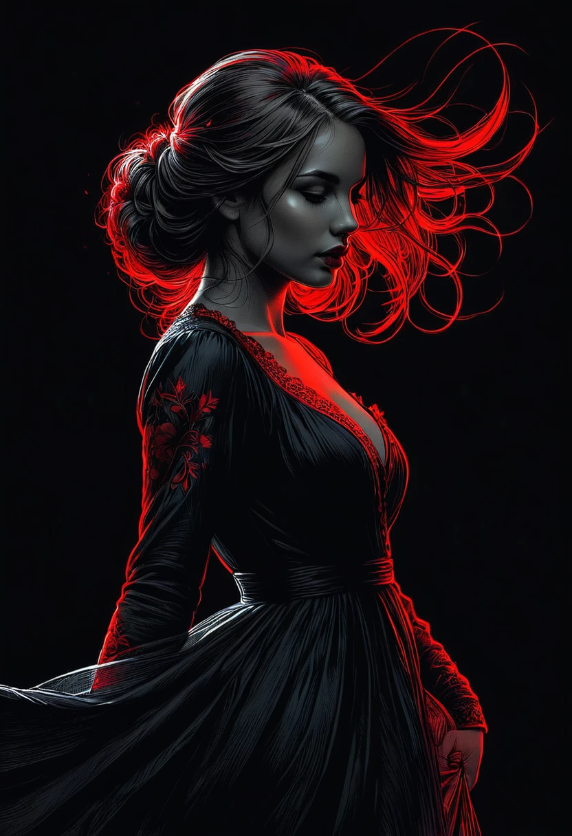 Poster, close-up, Full body, Shadow art, red outline drawing on a dark black background, Red outline silhouette, flowing hair, silhouette of a beautiful young woman, perfect physique, slender graceful forms, charming modesty, perfection in a tight black silk dress, resolution 8k, Side view, Shadows, Mysterious, style of Jean Baptiste Monge, Thomas Kinkade, David Palumbo, Carne Griffiths.