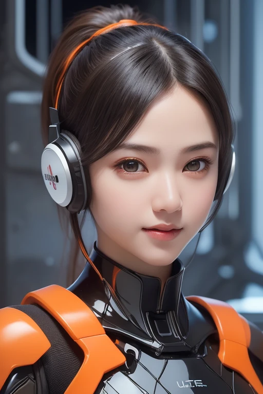 Top Quality, Masterpiece, Ultra High Resolution, (Photorealistic: 1.4), Raw Photo, 1 Girl, Black Hair, Glossy Skin, 1 Mechanical Girl, (((Ultra Realistic Details)), Portrait, Global Illumination, Shadows, Octane Rendering, 8K, Ultra Sharp, Intricate Ornaments Details, realistic skin, sweat effect, ((wearing Headphone)), very intricate detail, realistic light, CGSoation trend, brown eyes, glowing eyes, matte black and glossy orange mechanical bodysuit, Long hair, black hair, Ponytail hair, full body shot, spaceship bridge background, dynamic pose, smile