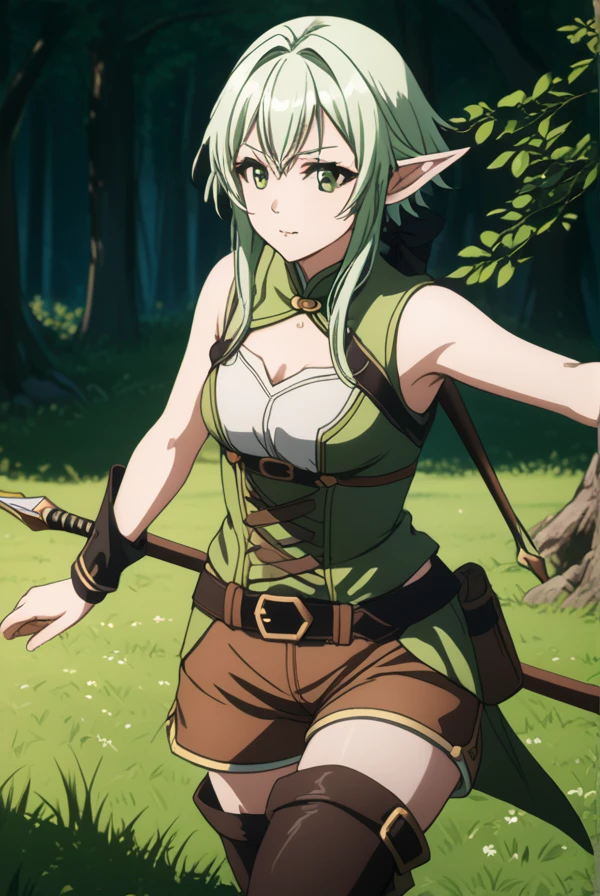 masterpiece, best quality, highres, 4k, 8k, intricate detail, cinematic lighting, amazing quality, amazing shading, soft lighting, Detailed Illustration, anime style, 
highelfarcher, high elf archer, short hair, green eyes, bow, hair bow, black bow, sidelocks, green hair, pointy ears, elf,
thighhighs, boots, shorts, sleeveless, bare arms, thigh boots, brown footwear, brown shorts,
outdoors, forest, trees, nature, rocks, grass, 
looking at viewer, cowboy shot, dynamic pose,