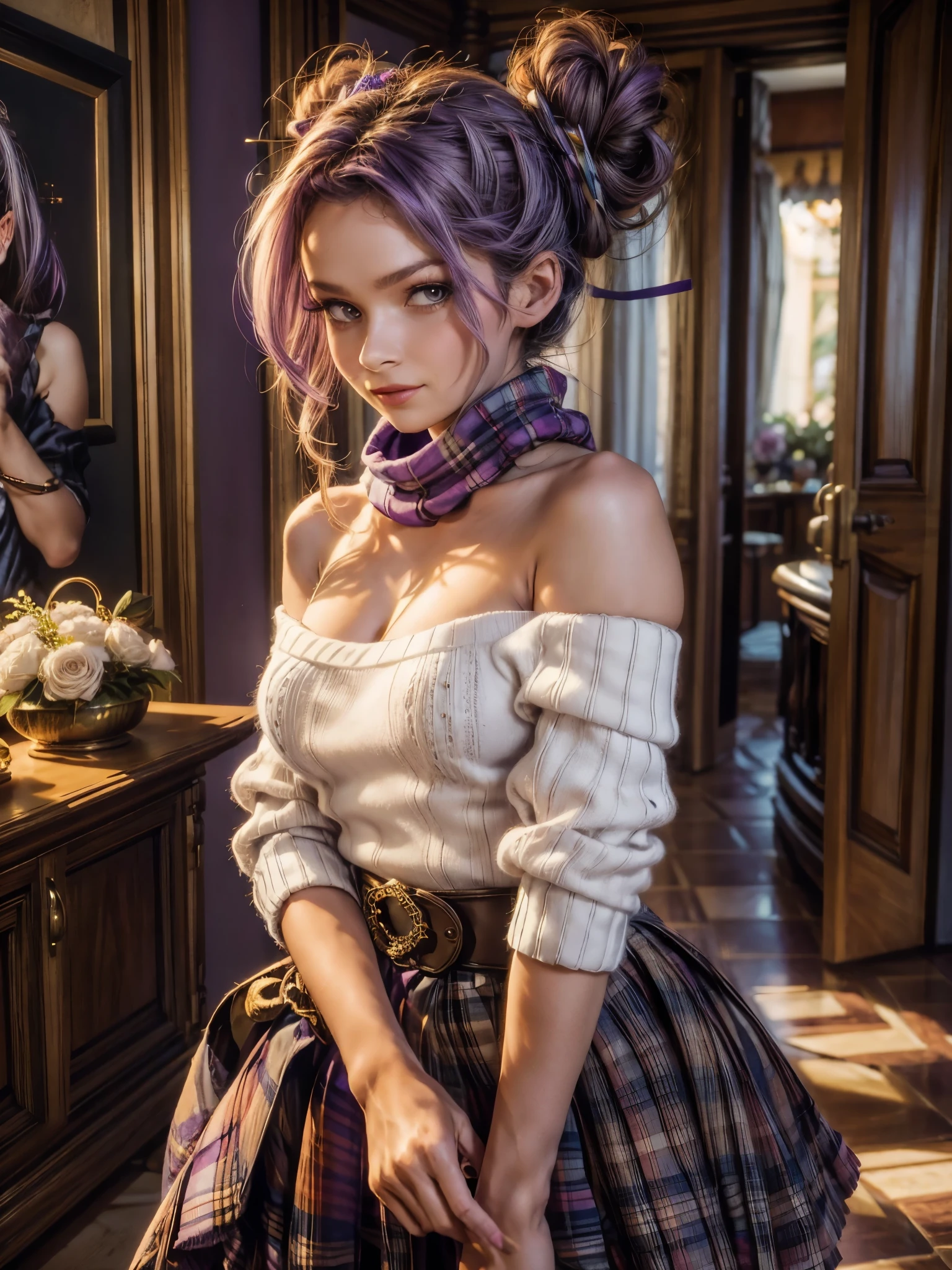 (masterpiece,best quality:1.5), 1 girl cowboy shot, purple eyes, purple hair, eyewear on head, sunglasses, ultra realistic,32k,RAW photo,(high detailed skin:1.2), 8k uhd, dslr, soft lighting, high quality, film grain