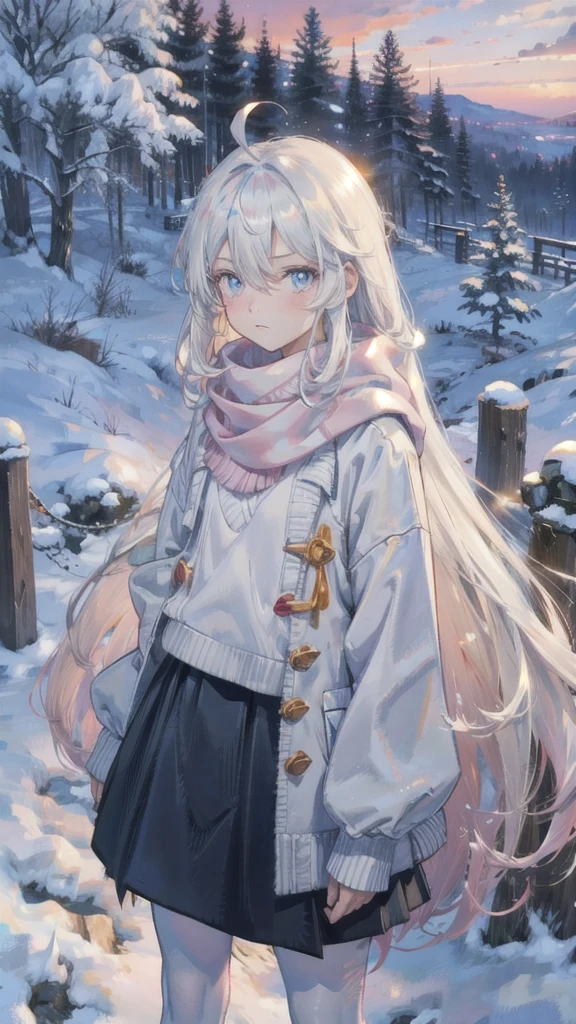 ((Best Quality, masterpiece, Super Resolution)), One girl, Alone, Ahoge, (Ridiculously long hair:1.6), White hair Blue eyes, Flat chest Pale skin, Hair between the eyes, Expressionless, winter, snow, forest, White sweater, Cowboy Shot, skirt, sunset, Pink Sky, cloud, Lens Flare, scarf, View your viewers, Arms crossed, bloom, Bokeh, Pantyhose