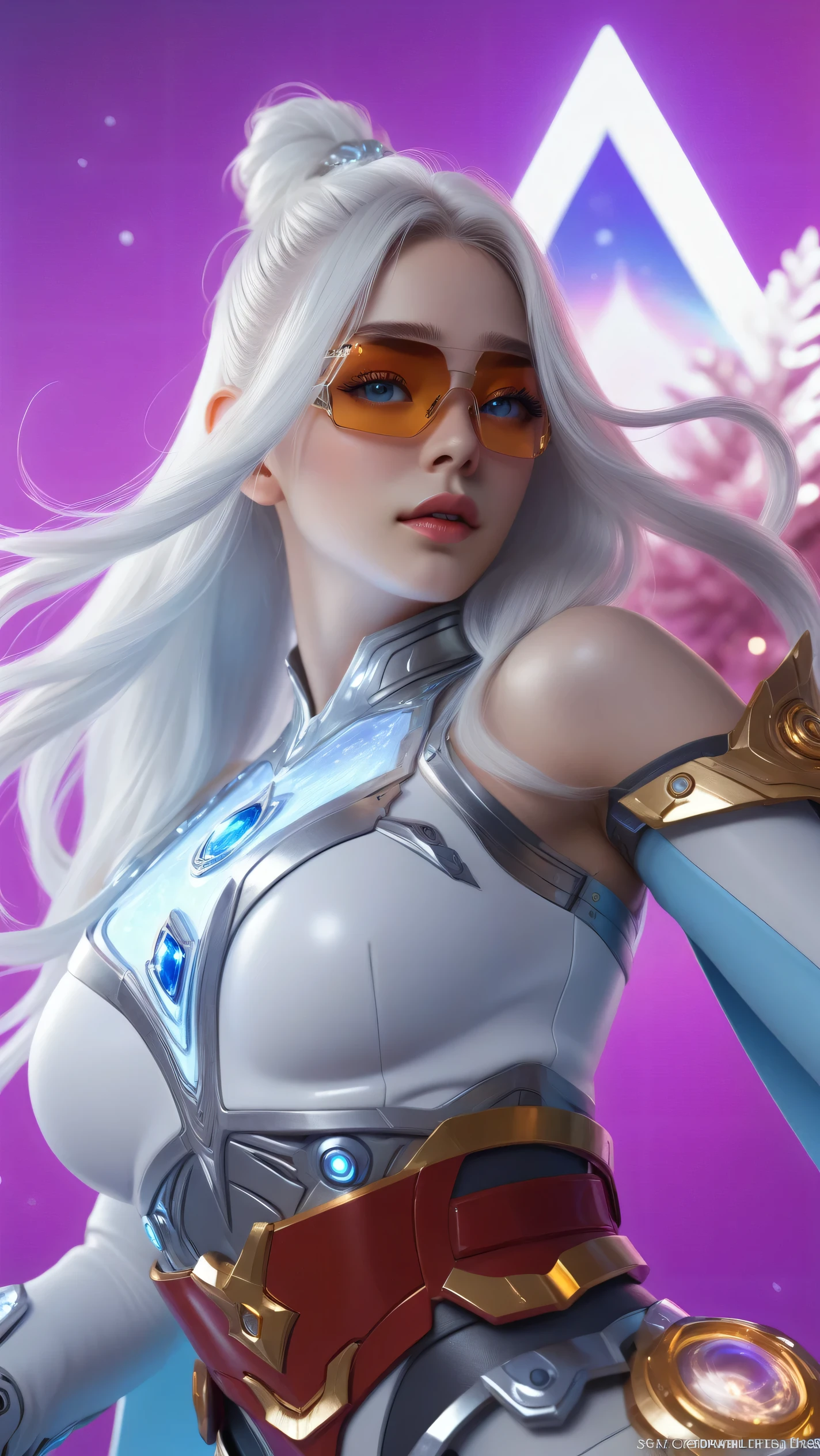 Hyper realistic portrait, Masterpiece, ultra Hd, trending on art station, cinematic lights, dull body Futuristic cyborg Aurora mobile legends((Long flowing white hair, blue eyes)), Ice ornaments, dynamic pose hand above, Cyberpunk theme, detailed ice,detailed ice ornaments, detailed face, detailed eyes, detailed pupils, detailed fingers, detailed hair, detailed iced ornaments, OverallDetail, extremely detailed, Aurora mobile legends, SK_Ghibli, By bad artist, SK_Cyberpunk