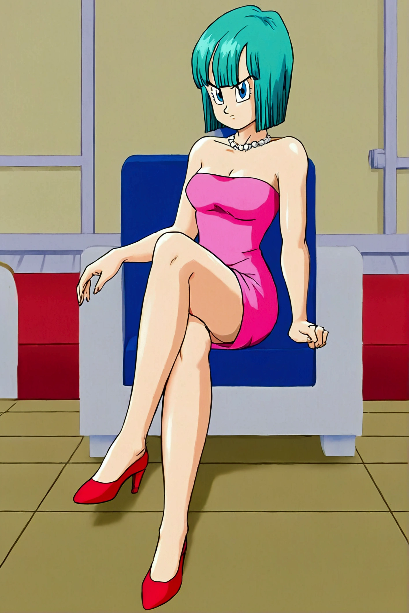 Bulma, Short hair, green hair, bob cut, blue eyes, 1 girl, alone, bare shoulders, strapless, medium chest, Pink shirt, pink miniskirt, sitting on a sofa, full body, bare legs with red heels, crossed legs ,serious girl