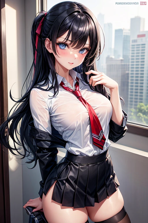 Girl, uniform, white shirt, neck tie, sexy body, big breasts, cleavage, big hip, stockings, garter belts, smiling, beautiful face, detailed face, very detailed eyes, long black hair, twintail hair, red eyes, beautiful eyelashes, (full body), high quality, detailed background, high resolution, red eyeliner make up, blush on, (best quality)