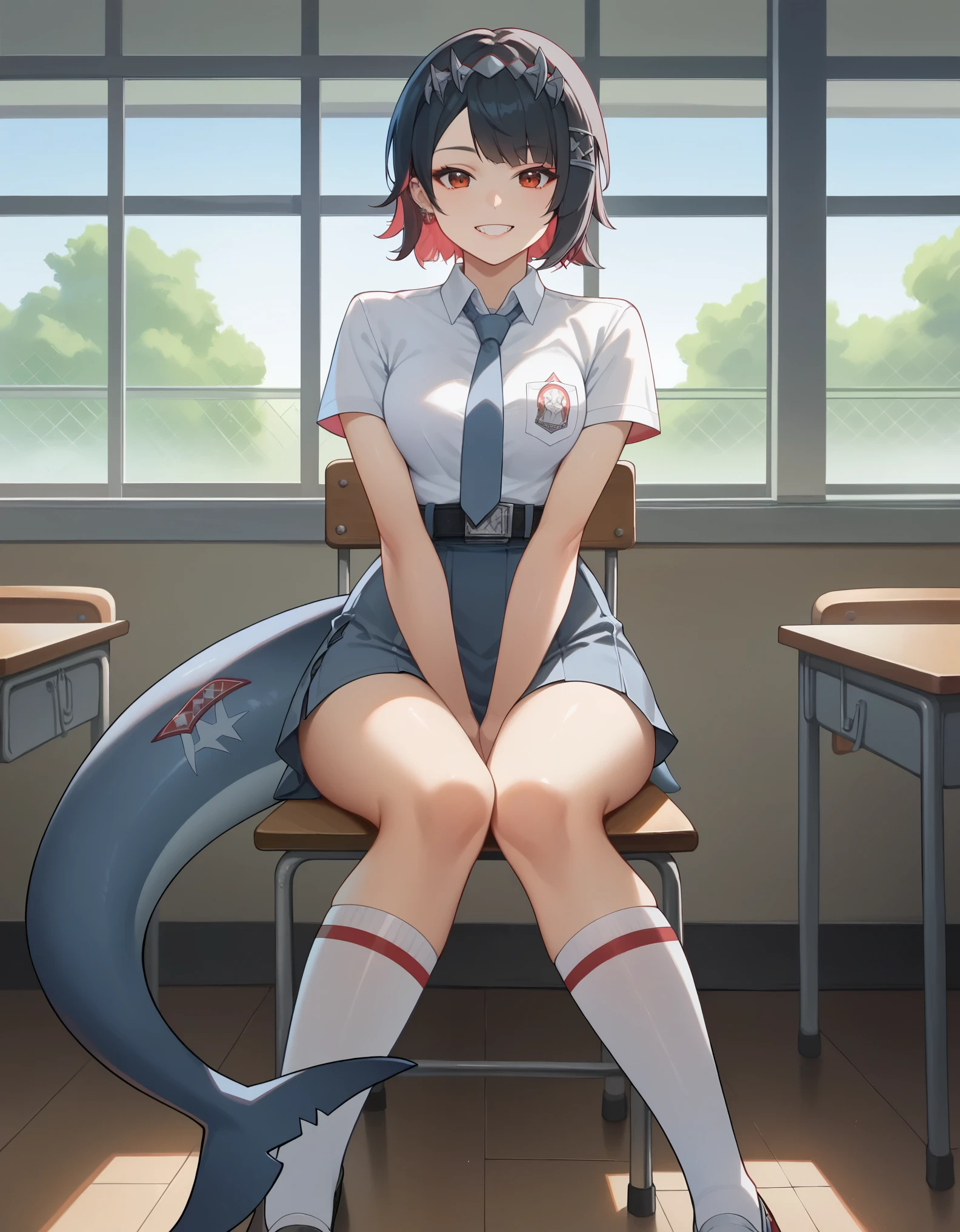 score_9, score_8_up, score_7_up, solo,1girl,ellen_joe, shark tail,, medium breasts, tucked in sma shirt, sma necktie, sma belt, sma skirt, sma shirt, sma skirt, inside classroom, windows, chair, tables thighs, looking at viewer, smile, sunligth, sit on chair, socks, hands between thighs, anime screencrap, dutch shot