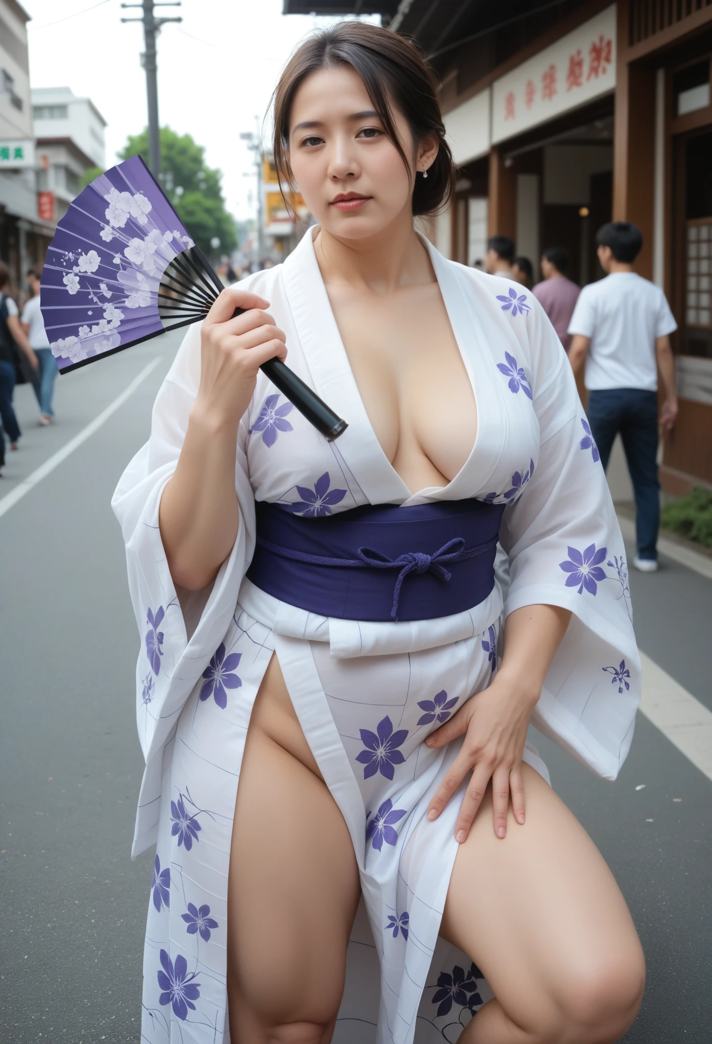 Nude, naked, vagina, (spead her legs), ((Best picture quality,8K, More details)),South Korean beauties,top beauty,Very beautiful,(sexy open kimono:1.3),(1girl),{26-year-old woman},(Multiple men),areola,(1boy),(Huge breasts:1.6),ssmile,Japan alley,Japanese architecture,(crowd:1.2)