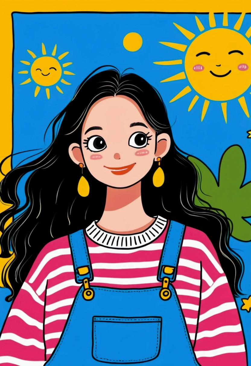 Cartoon：Image of arafed in sweater and overalls, A painting inspired by Sun Long, Instagram, Pop Art, Happy fashion model, Sunny at noon, Sunny Day, Xuan Yunzhu, Beautiful sunny day, Lovely:2, Sunny Day, frown fashion model, (Blink), Sun beams, Smiling fashion model, Product images
