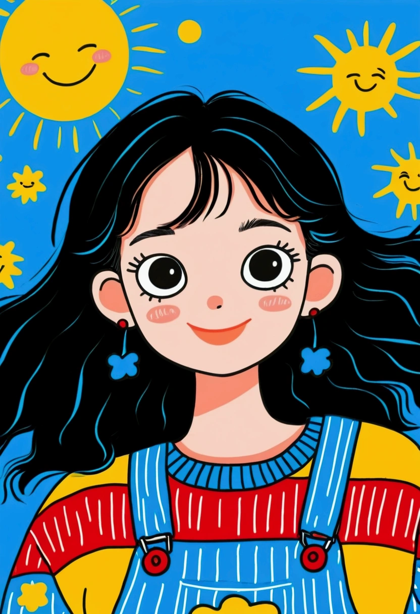 Cartoon：Cartoon：Image of arafed in sweater and overalls, A painting inspired by Sun Long, Instagram, Pop Art, Happy fashion model, Sunny at noon, Sunny Day, Xuan Yunzhu, Beautiful sunny day, Lovely:2, Sunny Day, frown fashion model, (Blink), Sun beams, Smiling fashion model, Product images