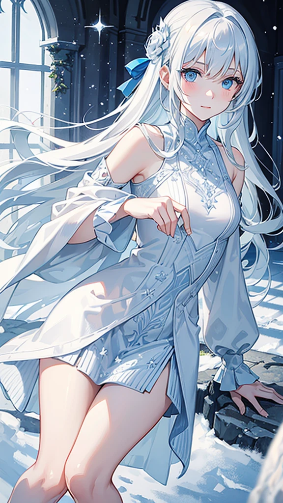 White-haired woman Very long hair、The light shines from above Inside the white castle transparent Glass blue