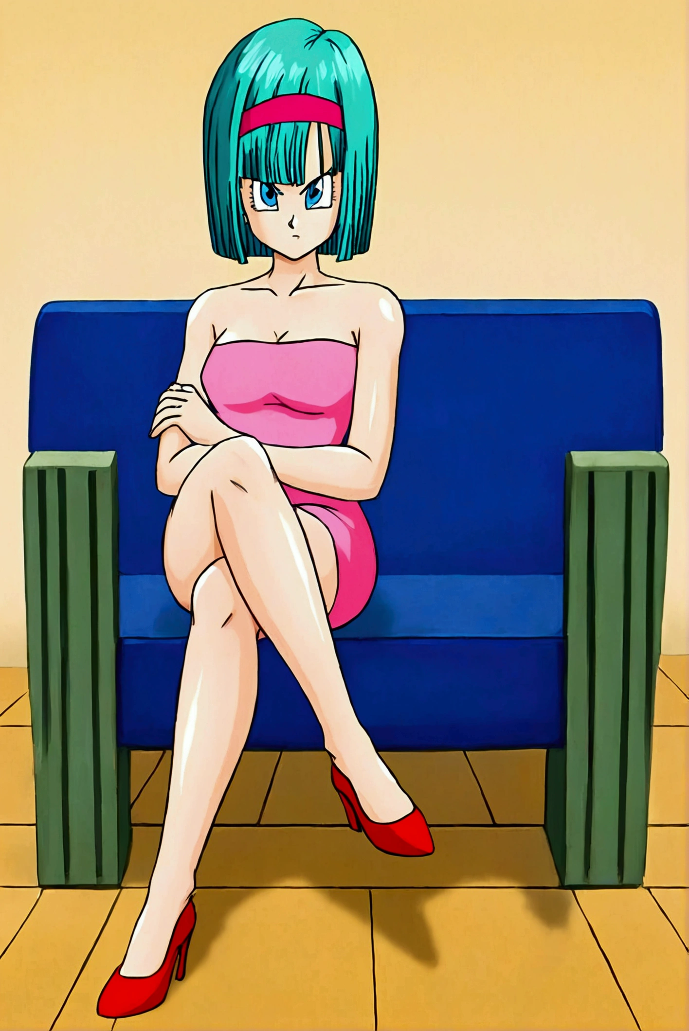 Bulma, Short hair, green hair, bob cut, blue eyes, 1 girl, alone, bare shoulders, strapless, medium chest, Pink shirt, pink miniskirt, sitting on a sofa, full body, bare legs with red heels, crossed legs ,serious girl