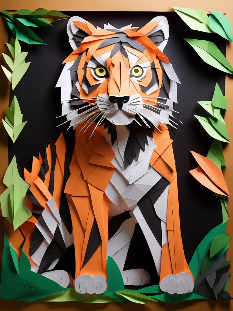 A tiger  in the PaperCutout style  Very detailed, clean, high quality, sharp image