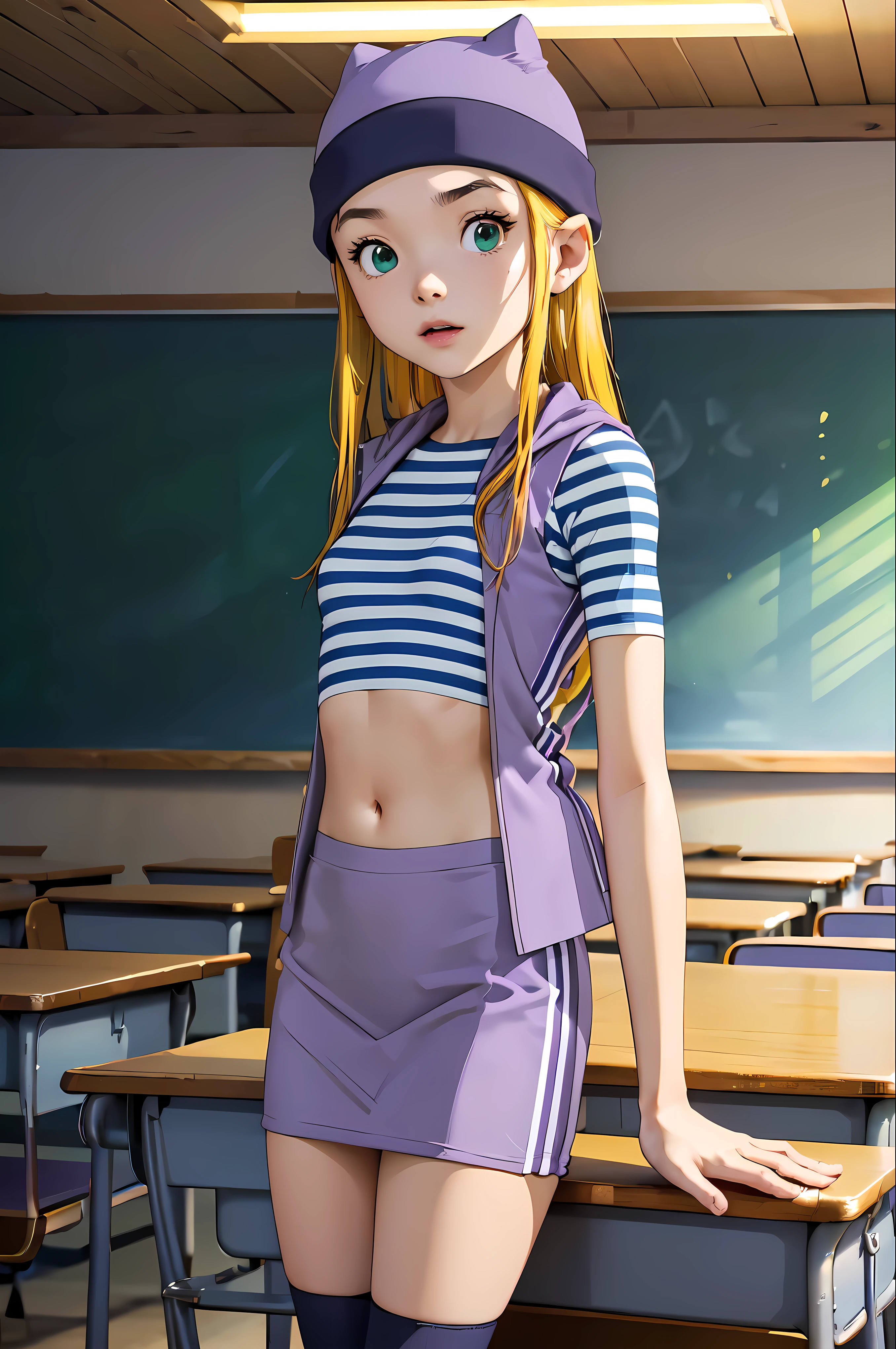 (masterpiece, best quality), 1girl, izumi Orimoto, indoors, classroom, green eyes, blonde hair, long hair, purple beanie, purple vest, purple miniskirt, blue white striped shirt, long purple socks, purple vest, striped shirt, navel shirt, small  size breast. rear view, looking at the viewer